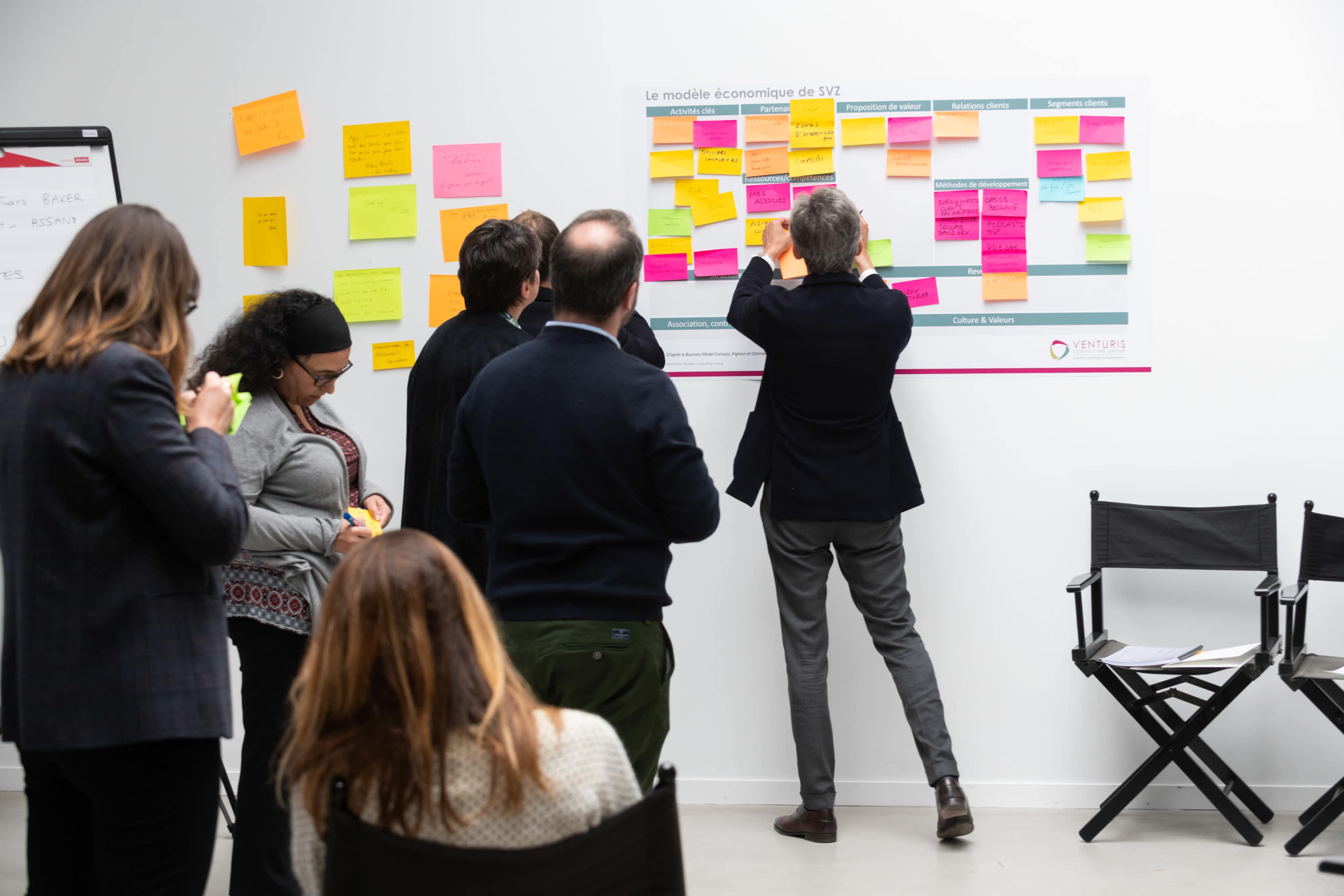 A group of people collaborates around a large whiteboard filled with colorful sticky notes in a bright, minimalistic room.