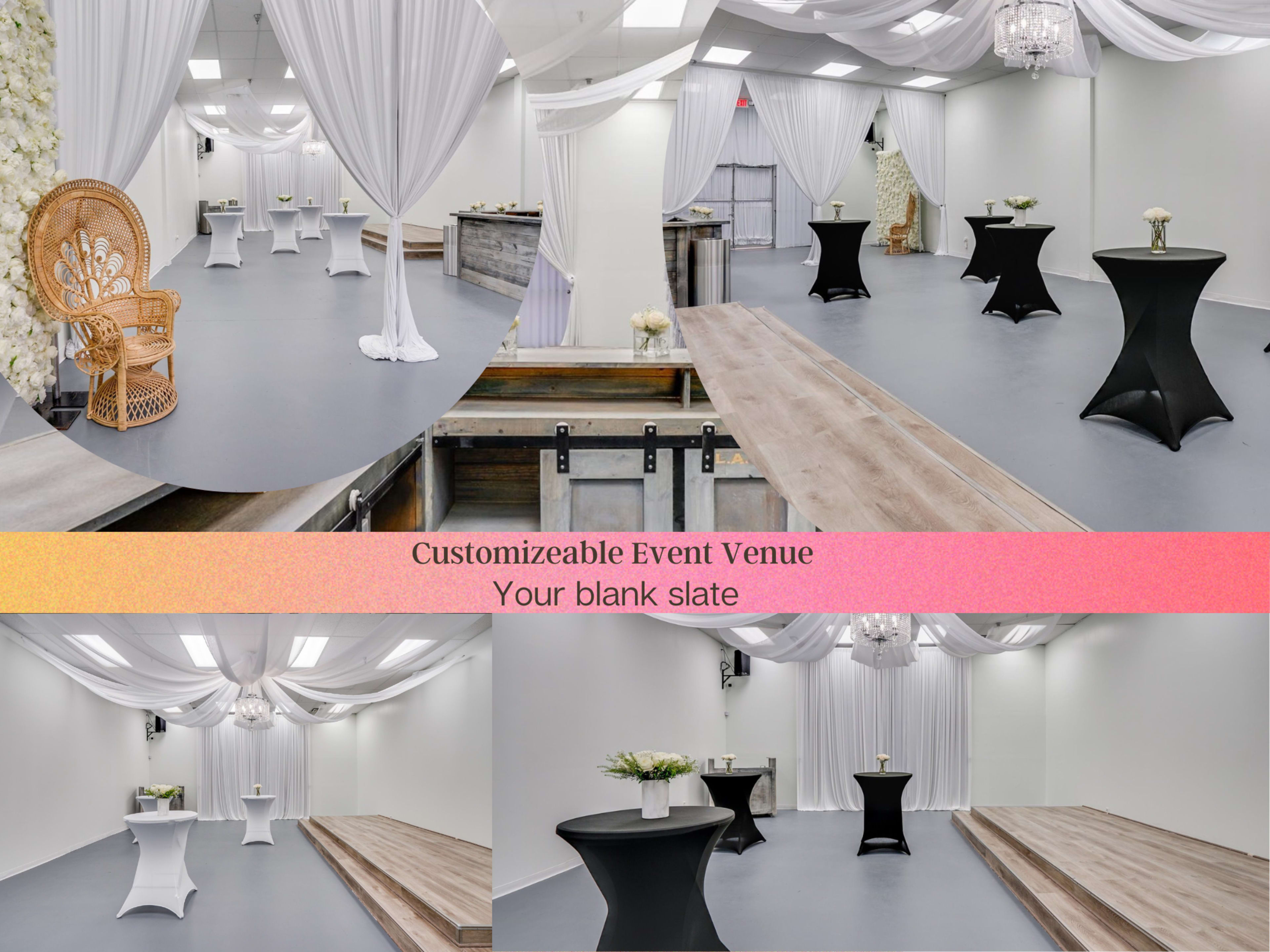 The image shows a customizable event venue featuring elegant drapery, several round tables with black tablecloths, and a wooden stage area.