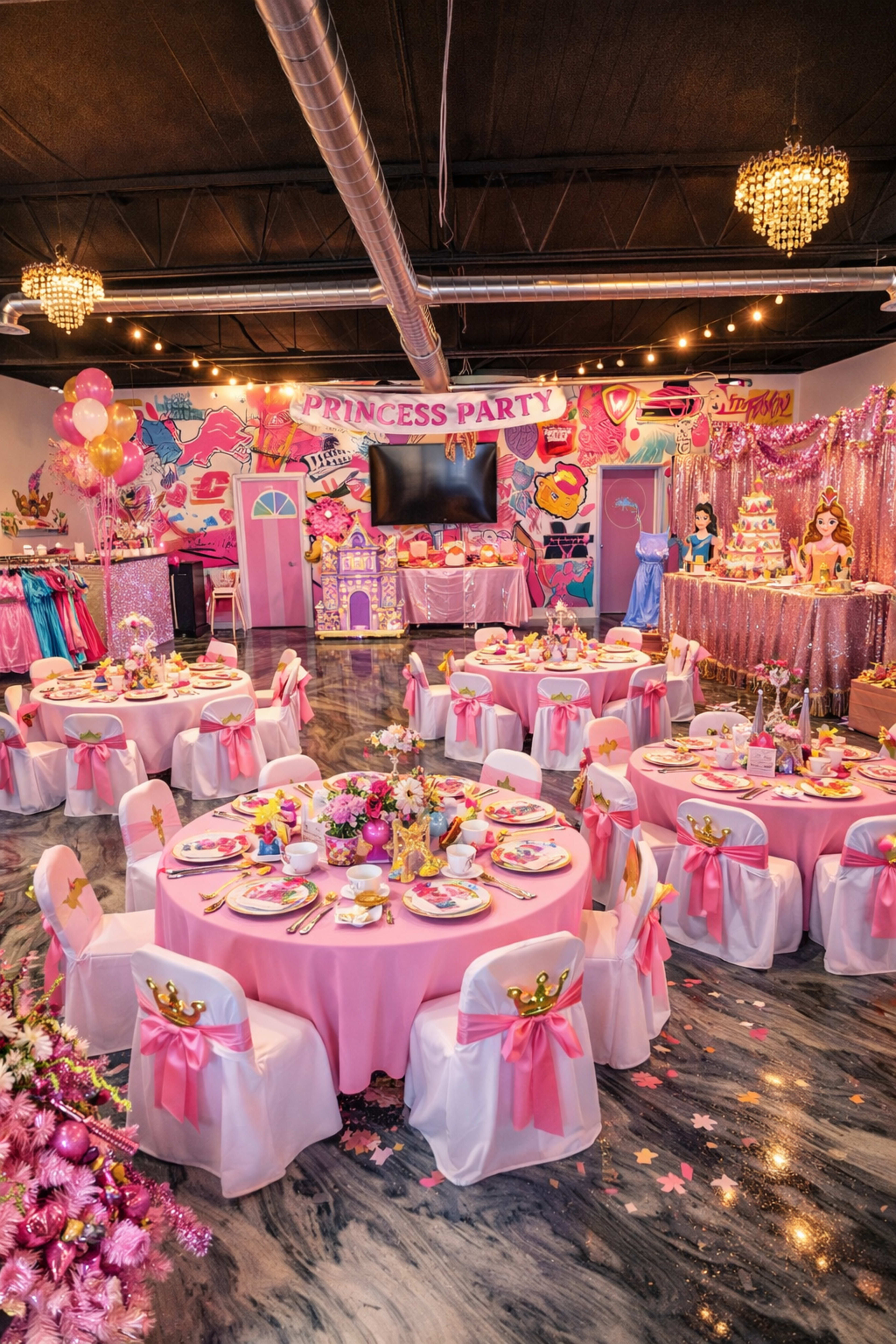 The image shows a vibrant party room decorated for a princess-themed celebration, featuring round tables dressed in pink and adorned with crowns, flowers, and themed decorations.