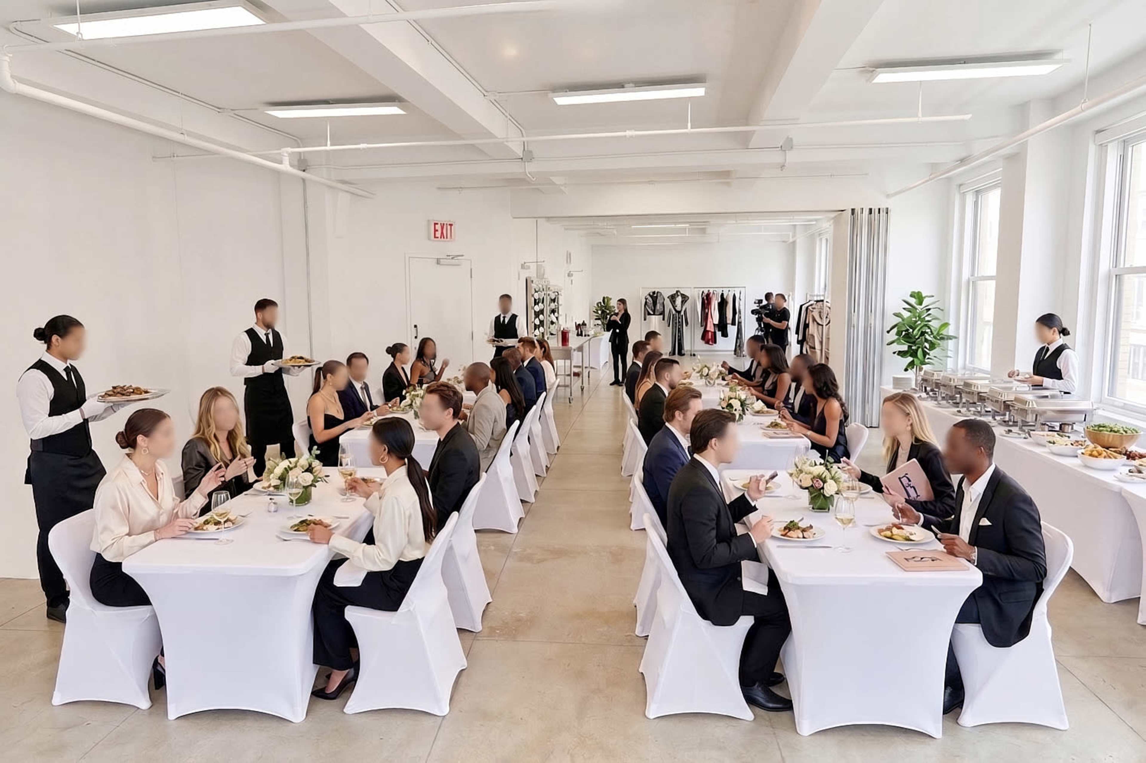 A formal dining event is taking place in a well-lit room, with guests seated at white-tableclothed tables and servers attending to them.