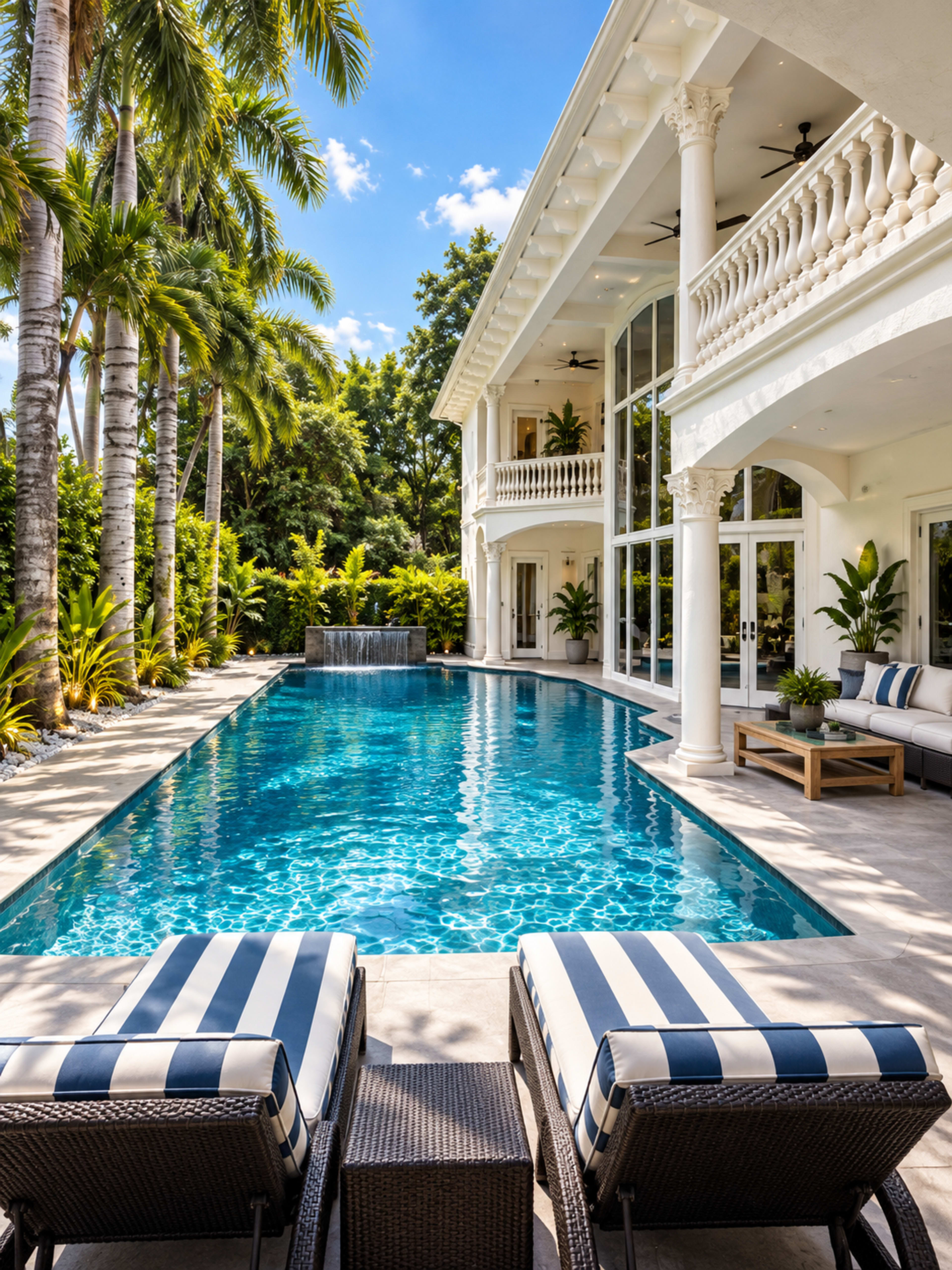 A luxurious residential backyard features a sparkling blue pool surrounded by palm trees, elegant furniture, and a tiered water fountain against a modern white house.