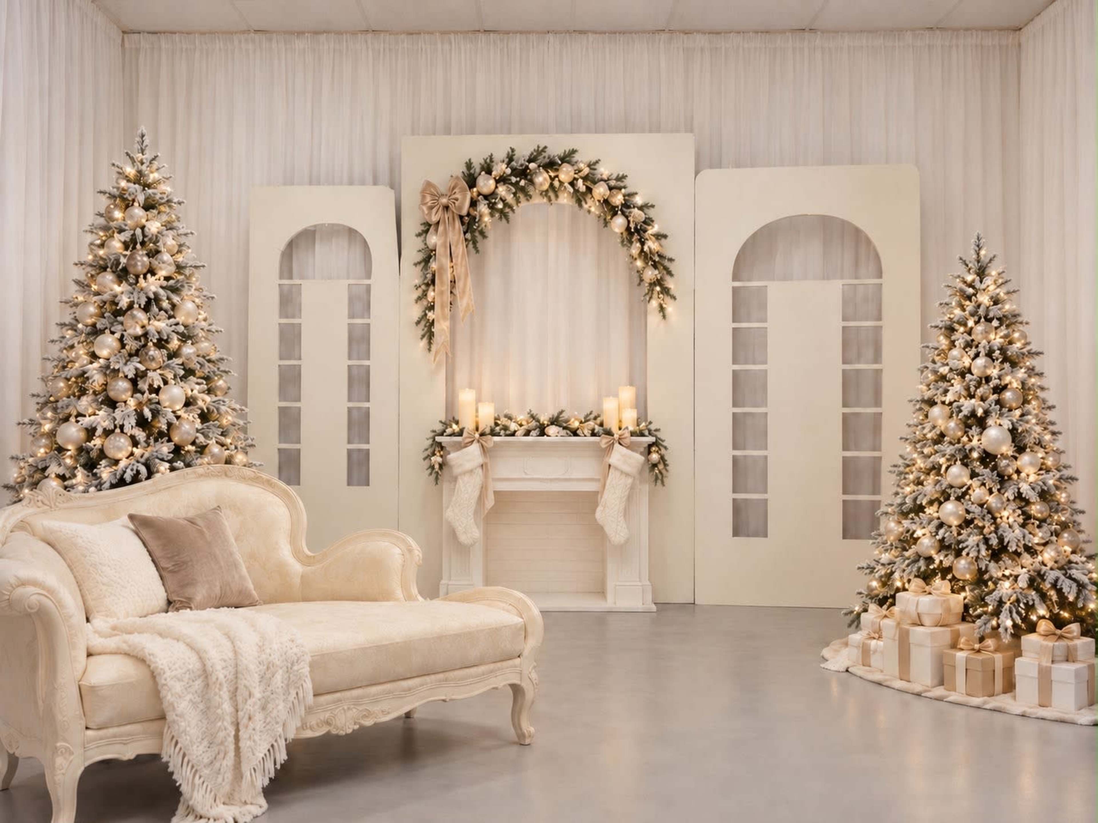 The image shows a decorated holiday scene featuring two Christmas trees, a white couch, and a mantel adorned with soft lighting and holiday decorations.