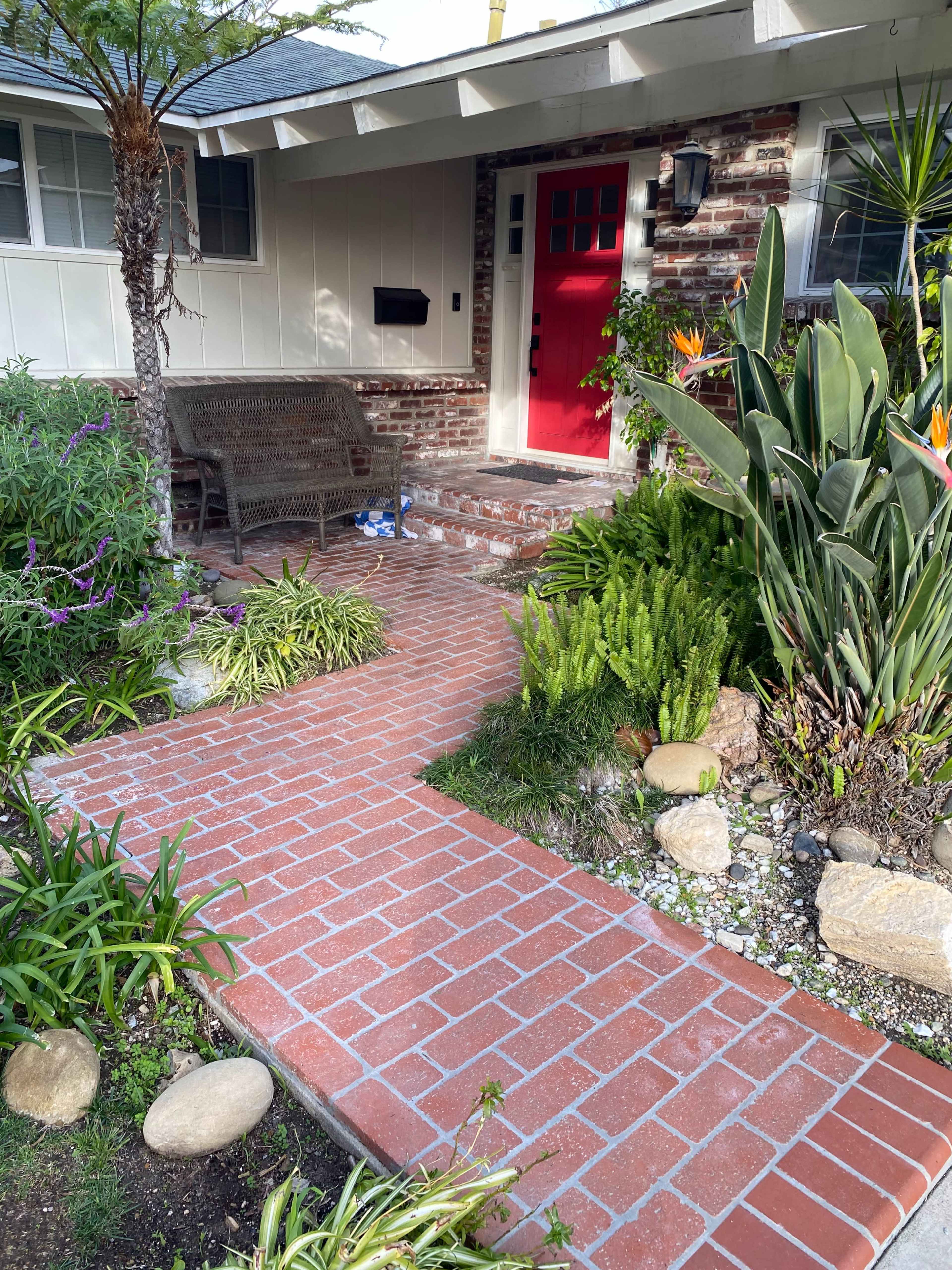 A brick pathway leading to a house with a red front door, flanked by various plants and shrubs.