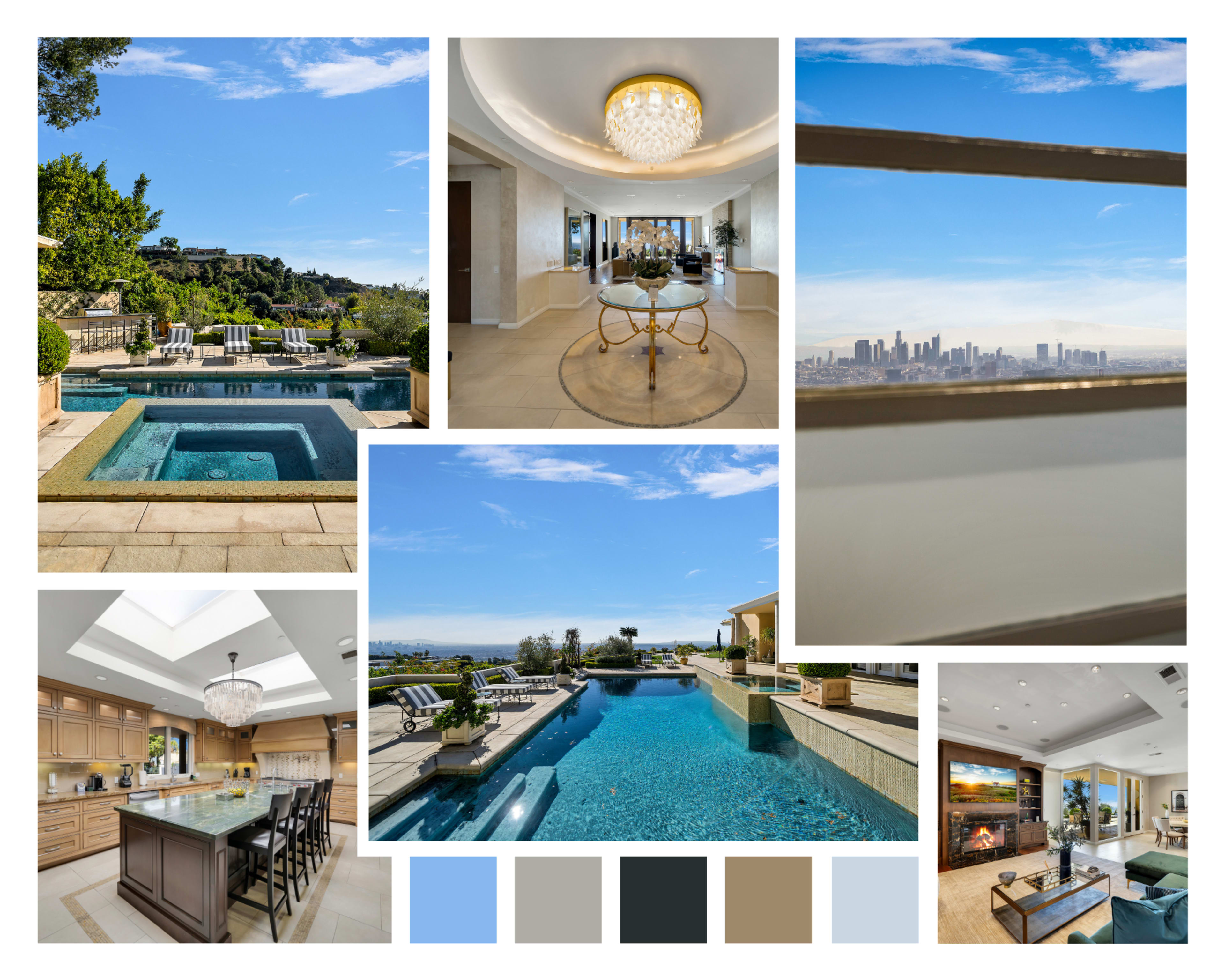 The image showcases a luxurious property featuring an outdoor pool area, a modern kitchen, elegant interior spaces, and panoramic views of a city skyline against a clear blue sky.