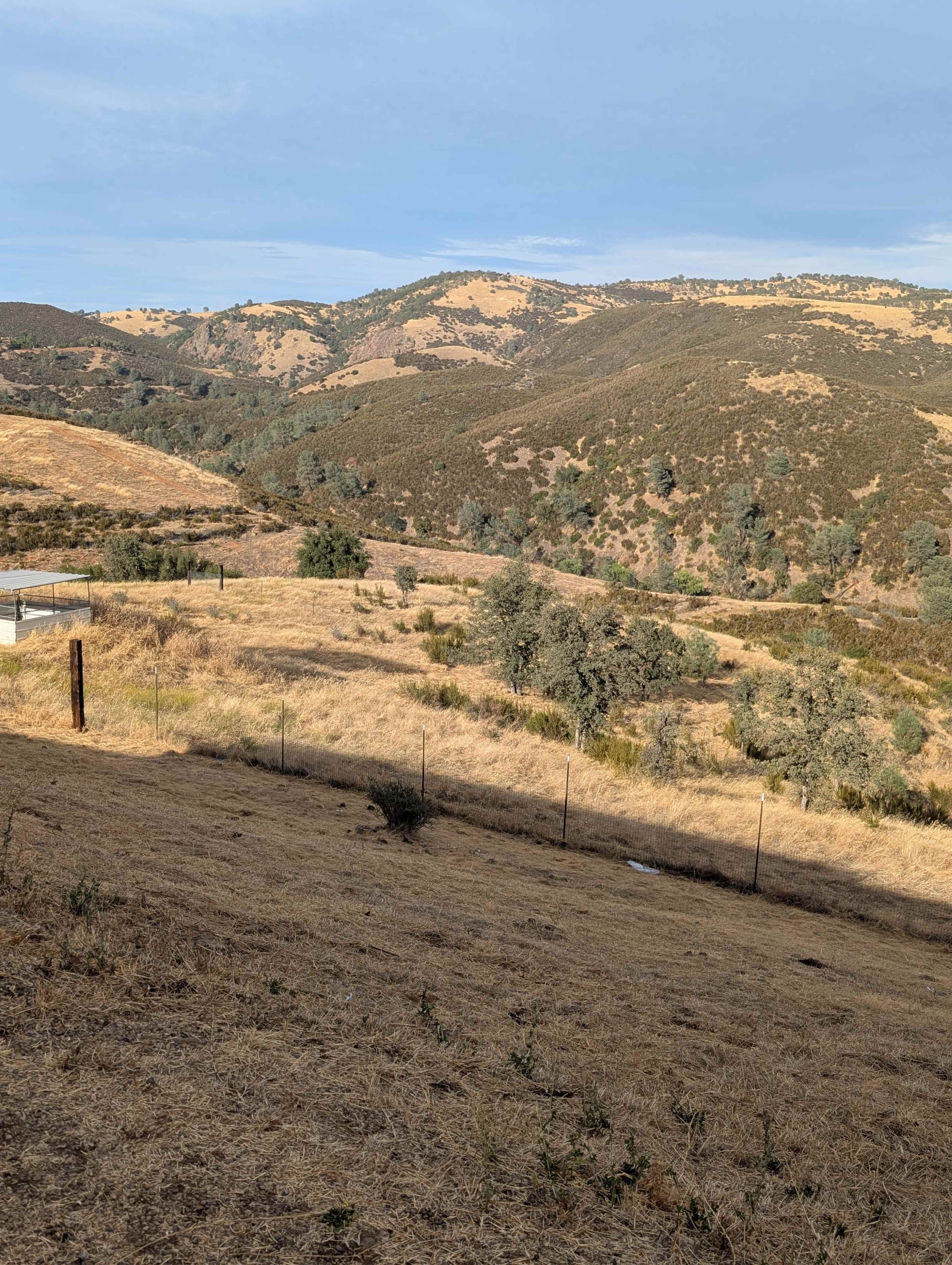 The image shows a dry, hilly landscape with sparse vegetation and distant mountains under a clear sky.