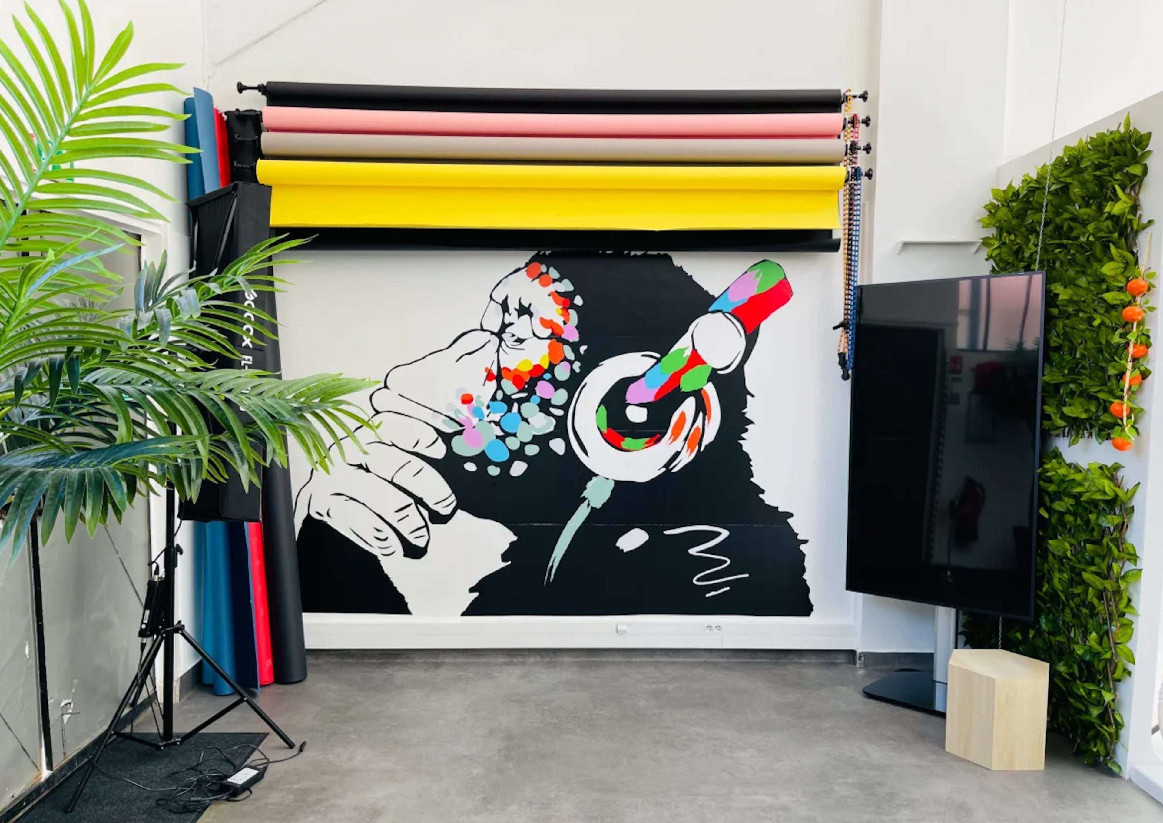 A modern studio space with a mural of a person wearing headphones, vibrant colored backdrops, a television, and decorative plants.