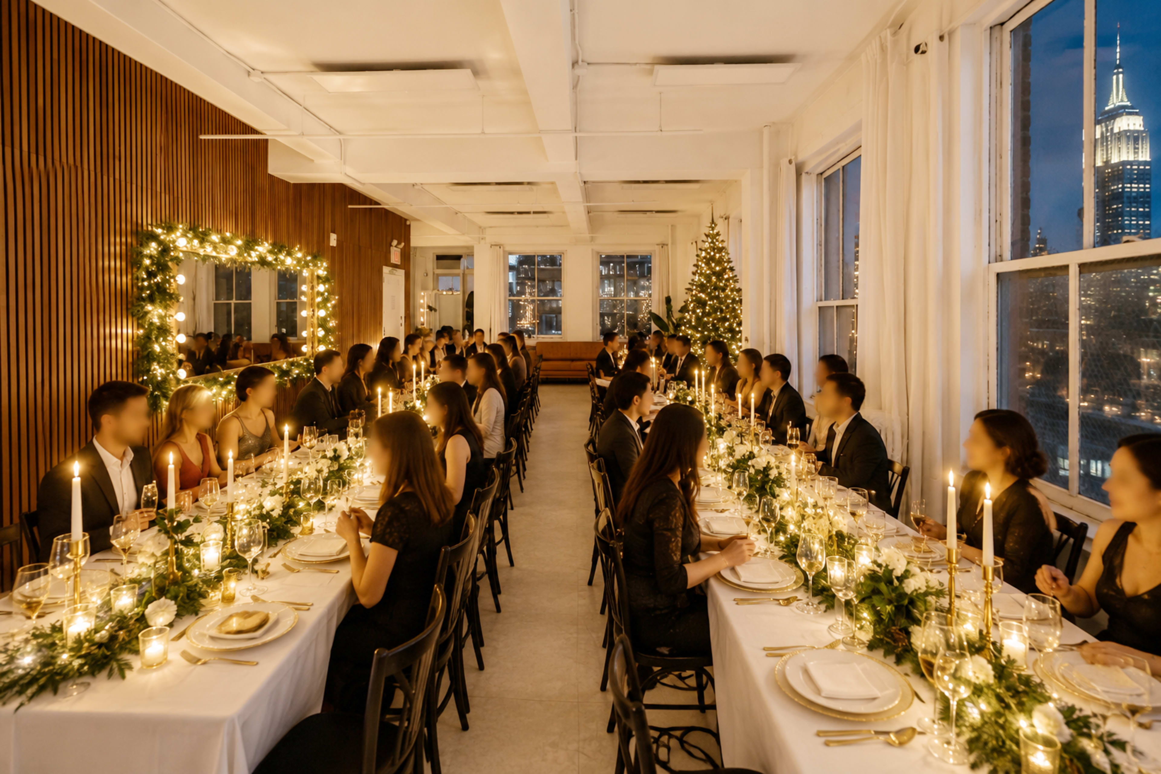 A long dining table is set for a formal dinner in a brightly lit room, with guests seated on both sides and festive decorations, including candles and greenery, while a view of the Empire State Building is visible through the windows.