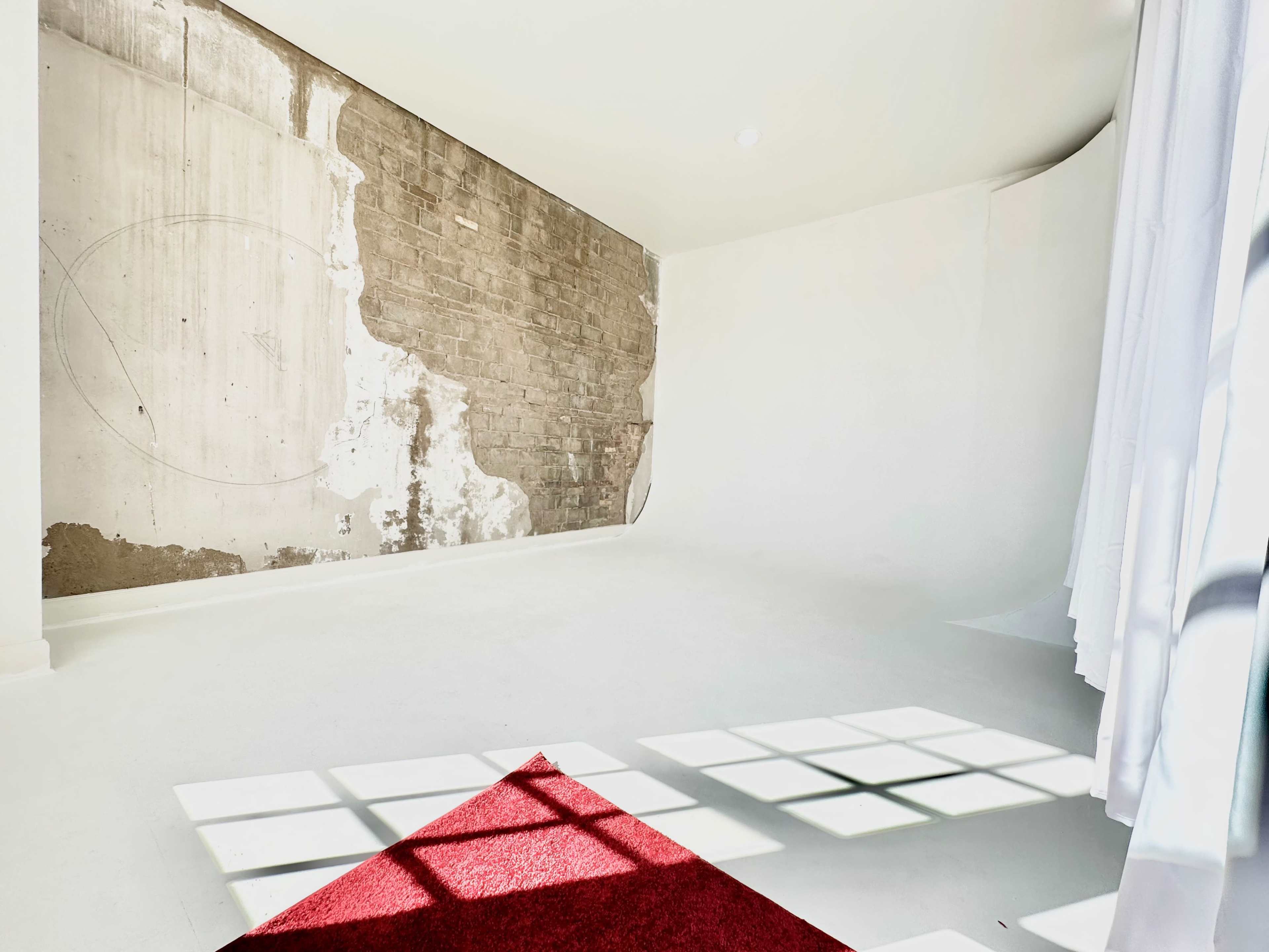 A minimalistic studio space with a red carpet, white walls, and a partially uncovered brick wall.