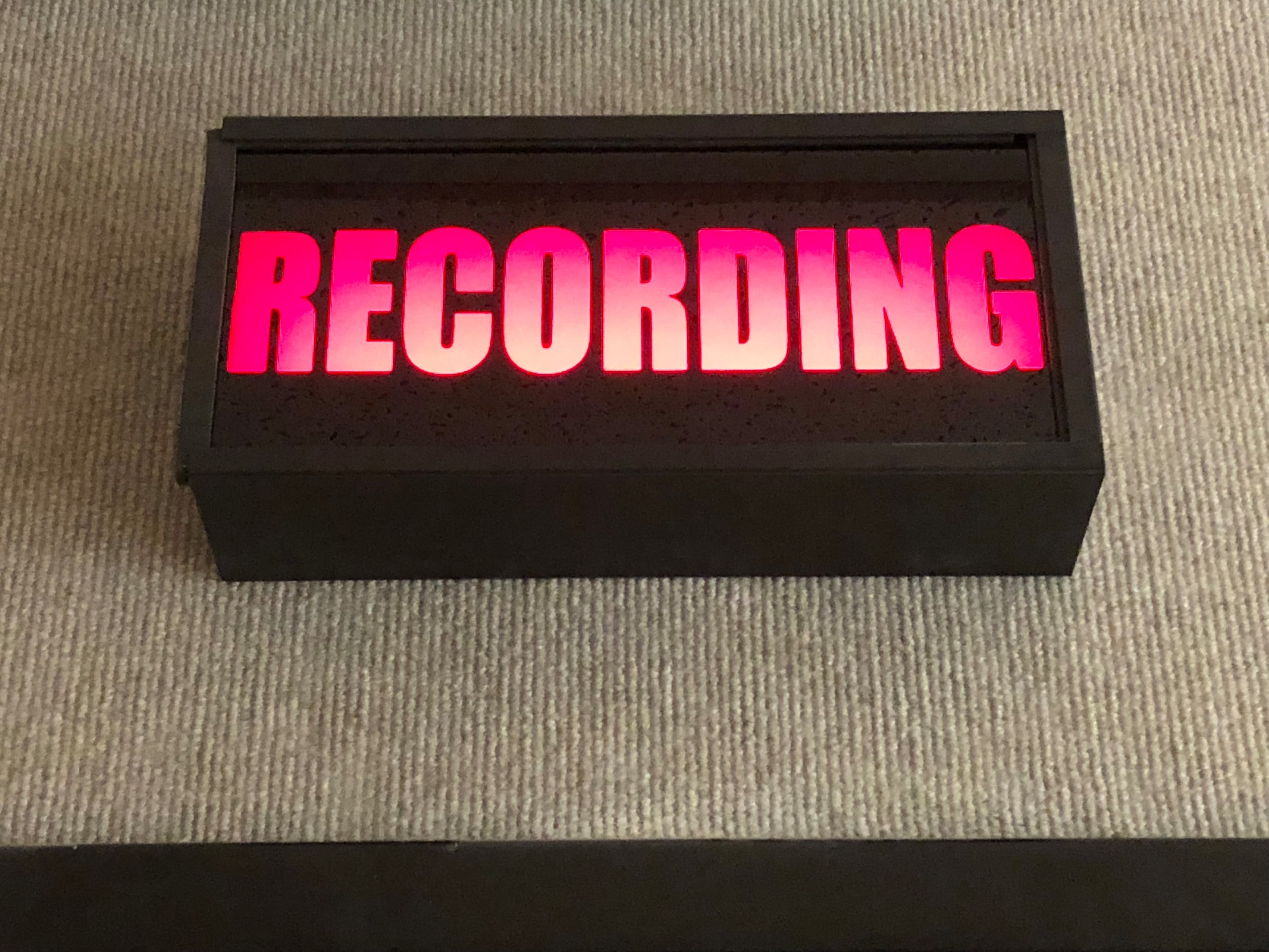 A sign with the word "RECORDING" illuminated in bright pink lettering sits on a textured surface.