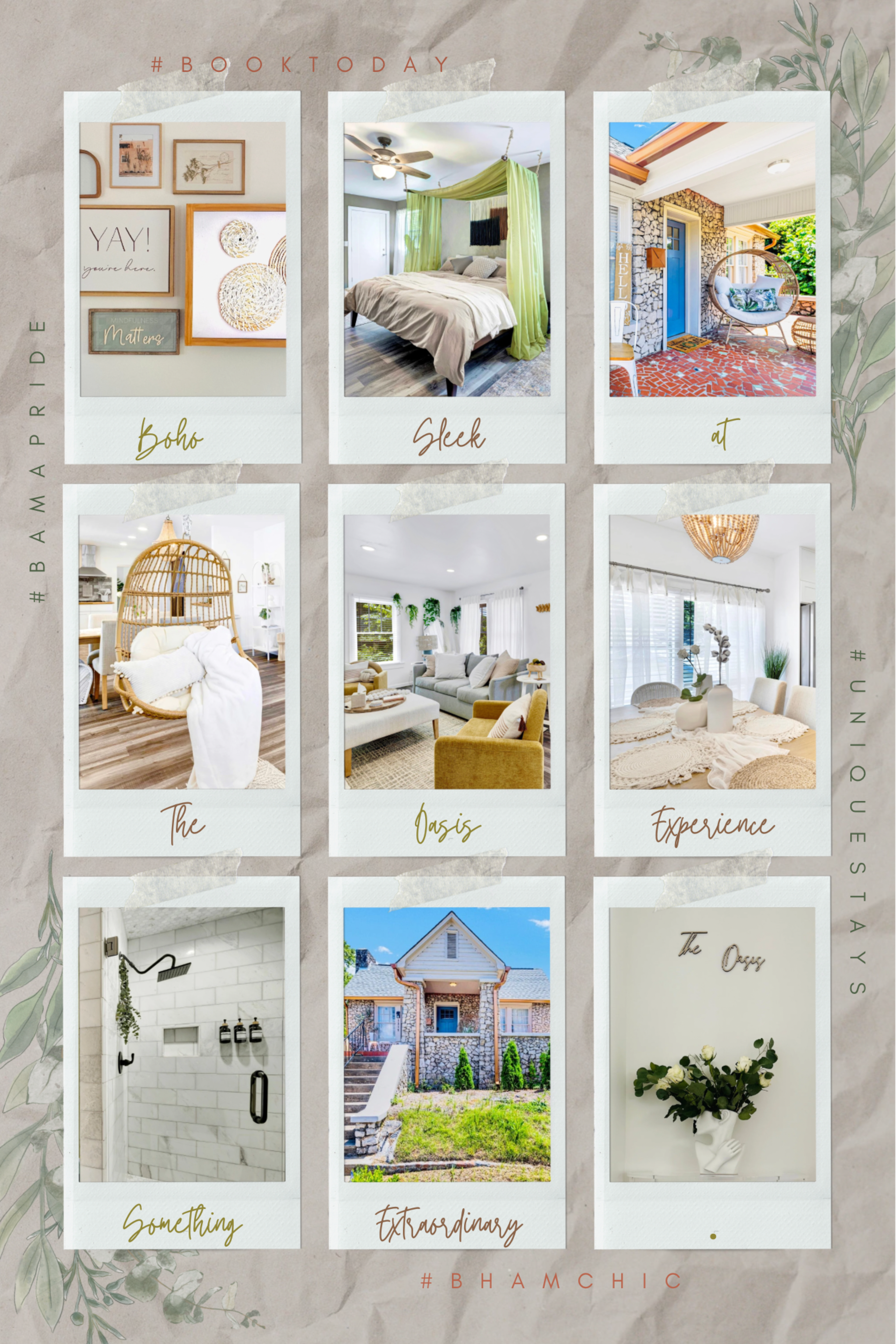 A collage of nine styled photographs showcasing various attractive interior and exterior spaces, each highlighted by a label indicating themes like "Boho," "Sleek," "Oasis Experience," and "Something Extraordinary."