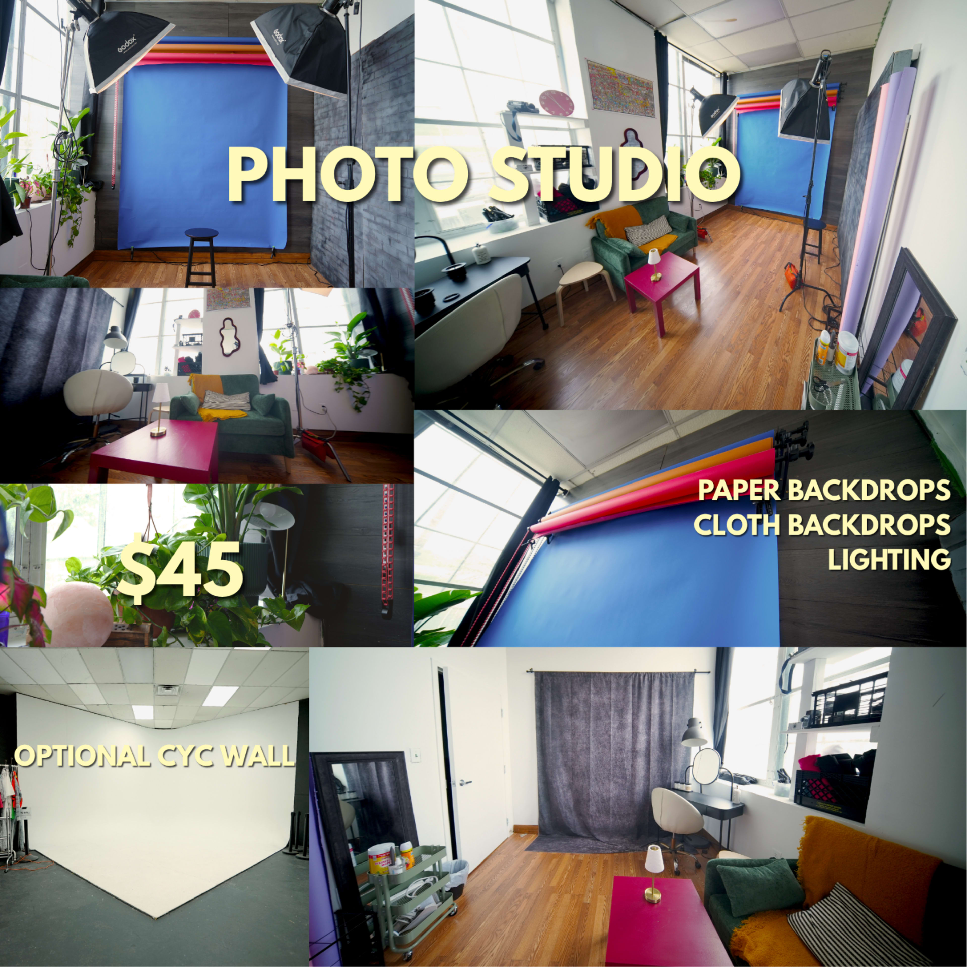 The image shows a photo studio featuring various backgrounds, seating areas, and lighting equipment, with a price of $45 displayed prominently.