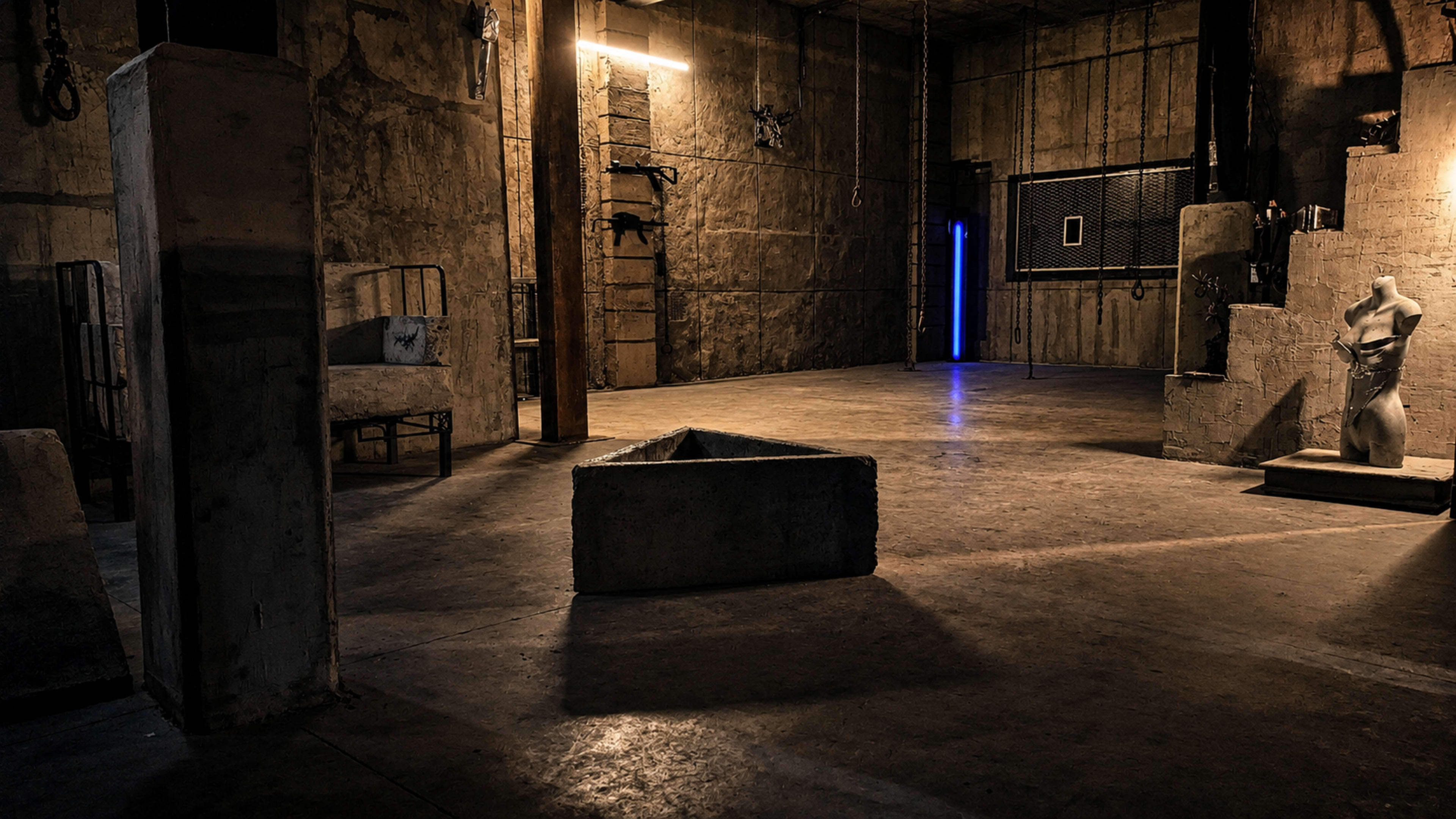 The image showcases an industrial space with concrete walls, sparse lighting, and various geometric shapes, including a triangular structure and a sculpture, creating an enigmatic atmosphere.