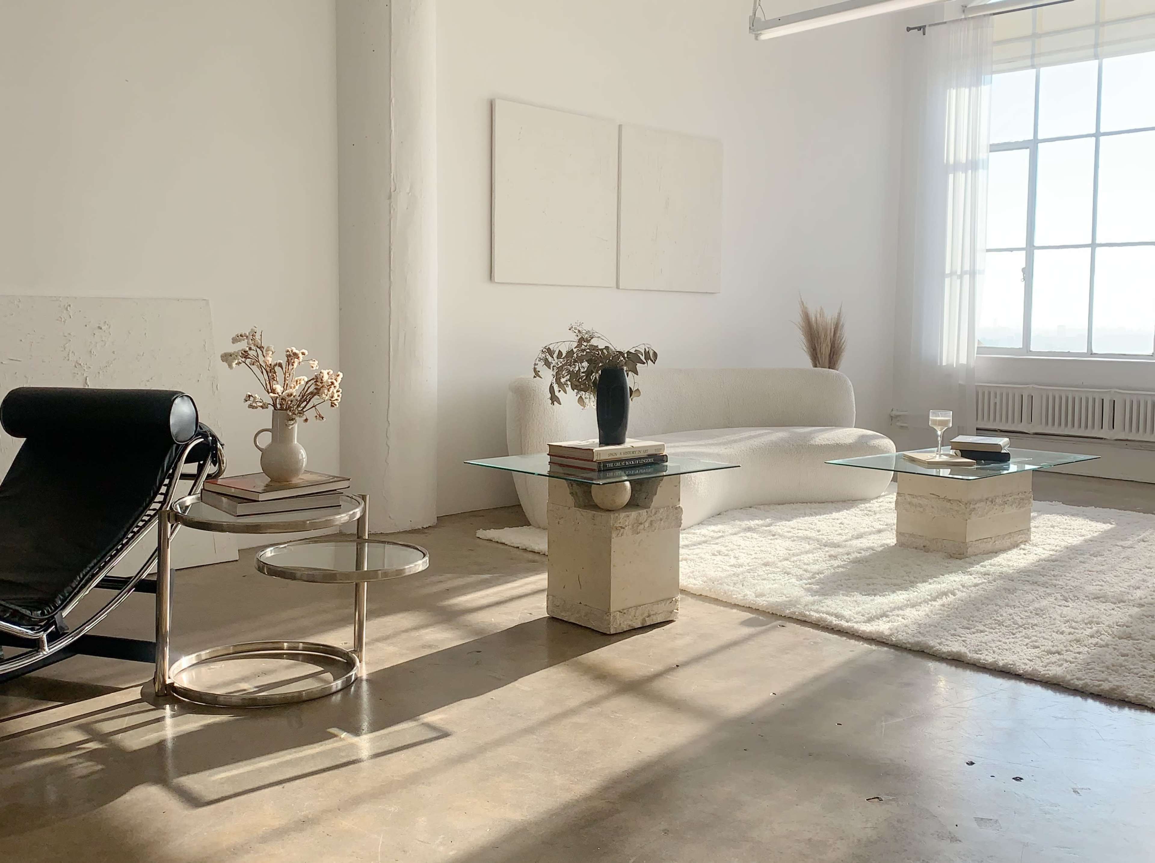 A modern living room with minimalist furniture, including a curved sofa, glass tables, and decorative plants, illuminated by natural light from a large window.