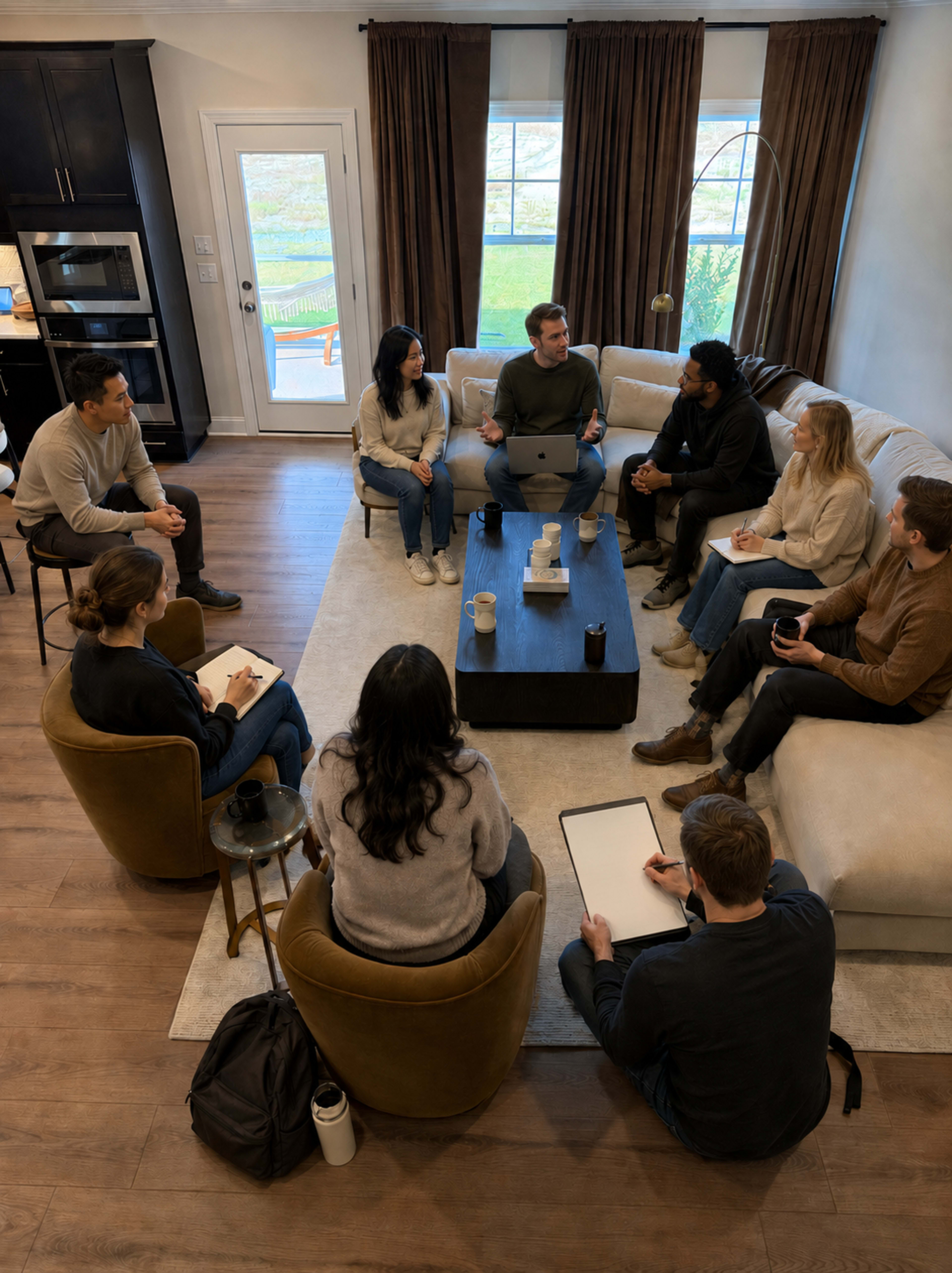 A group of people is seated in a living room, engaged in a discussion around a coffee table.