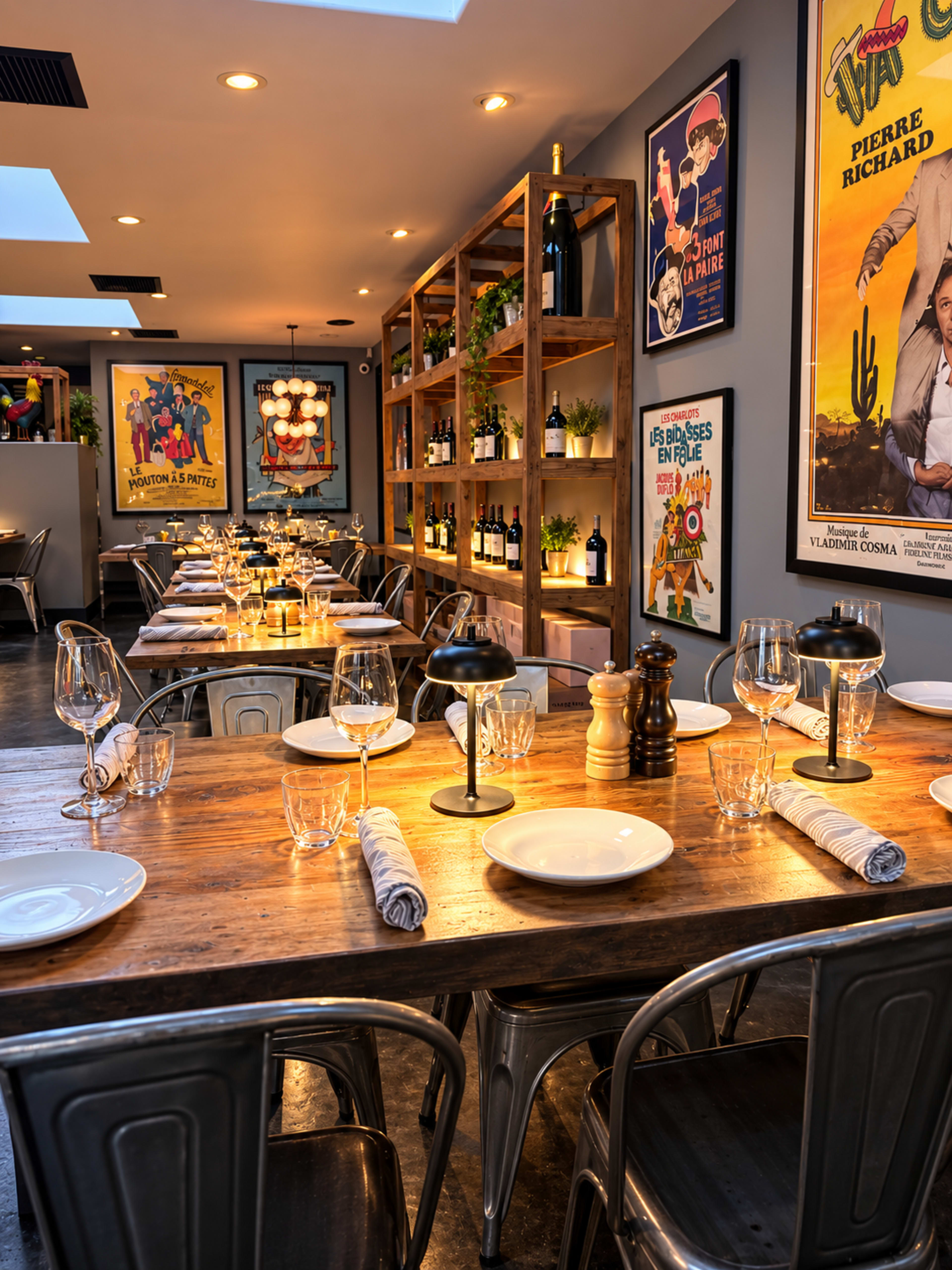 A cozy restaurant interior features wooden tables set for dining, with wine bottles displayed on shelves and vintage movie posters on the walls.