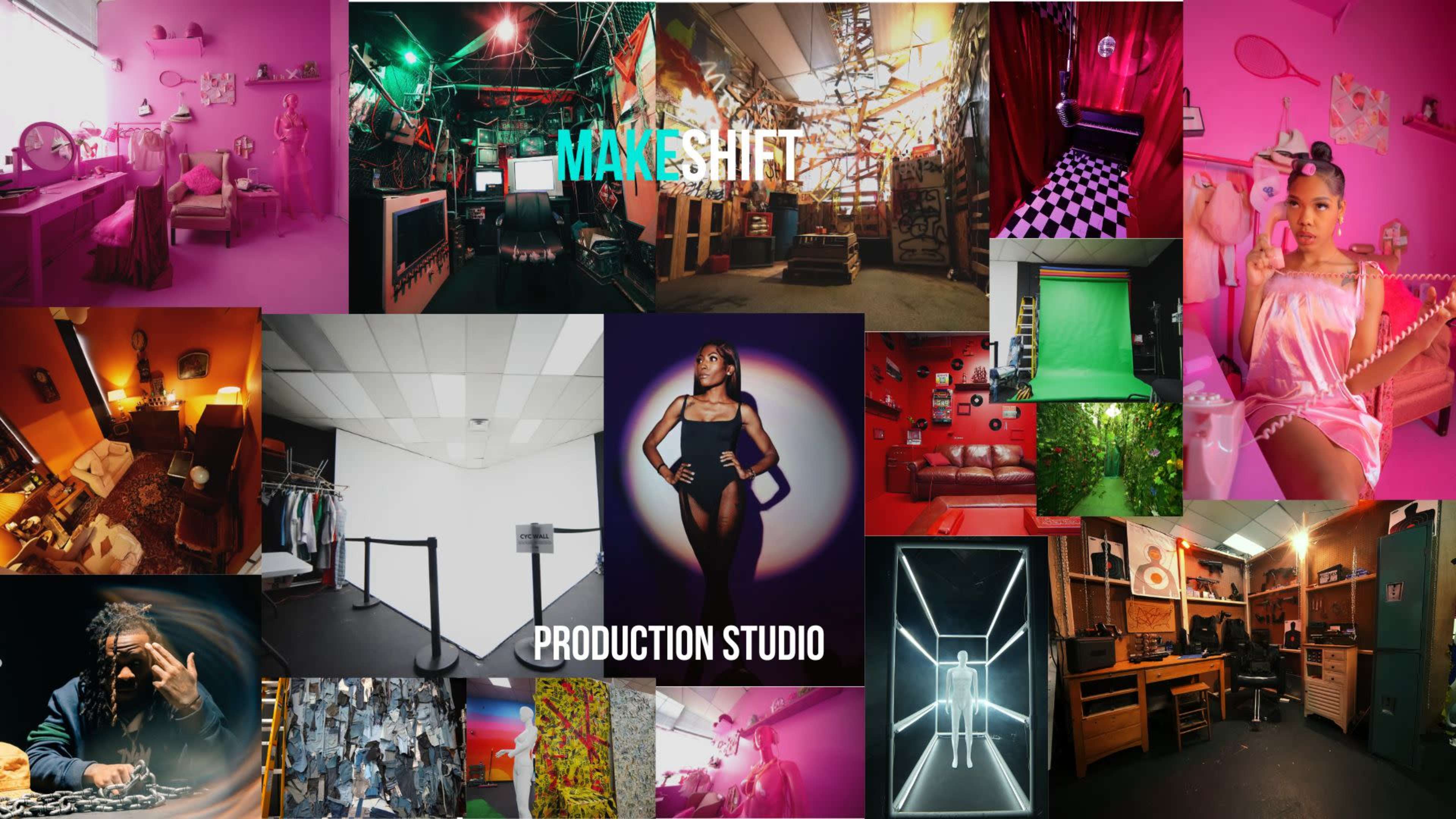 Various scenes from a vibrant production studio, showcasing colorful sets, equipment, and different artistic setups.
