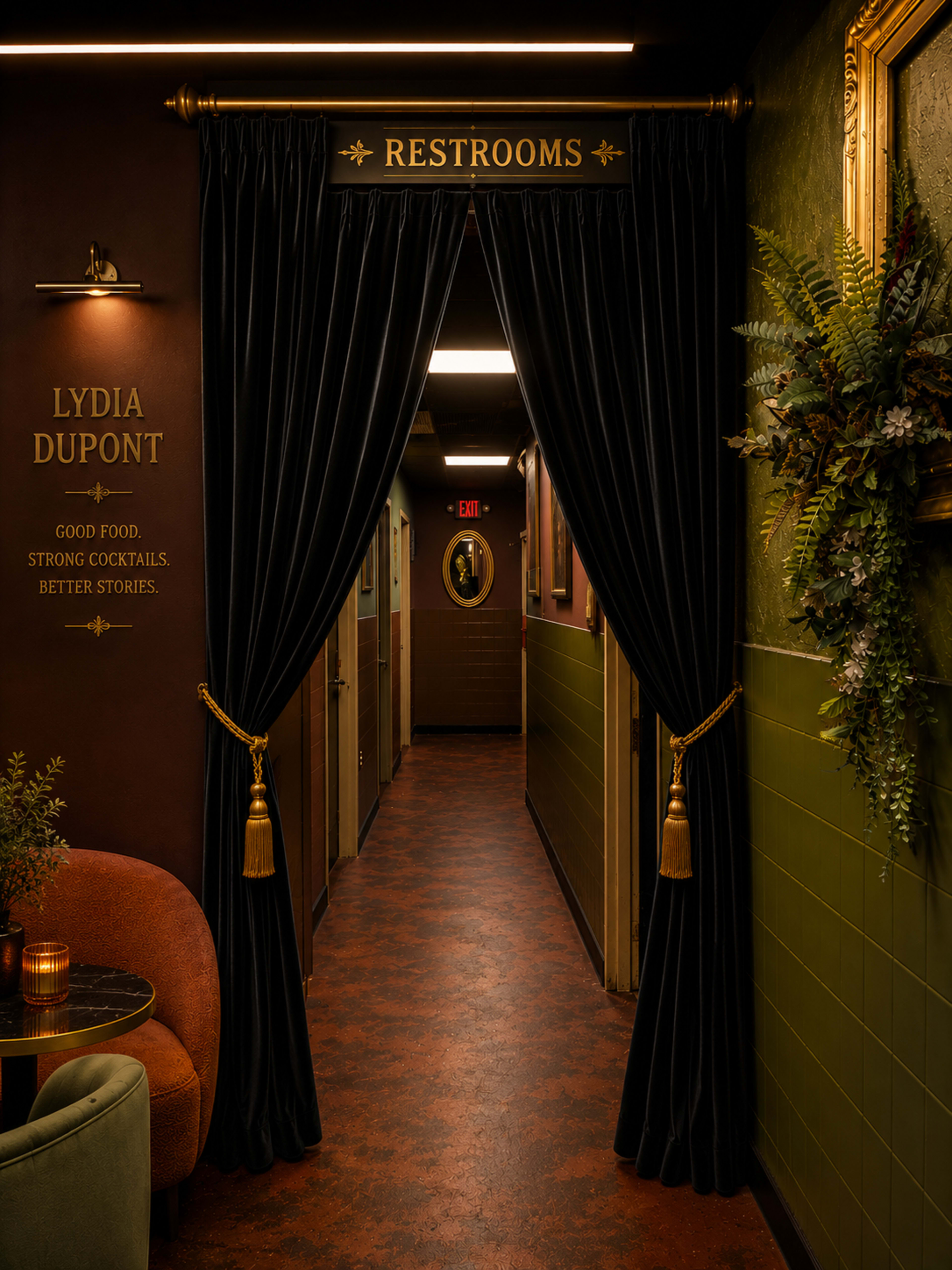 A velvet curtain marked "RESTROOMS" frames a narrow, dimly lit hallway with doors on either side and decorative plants along the walls.