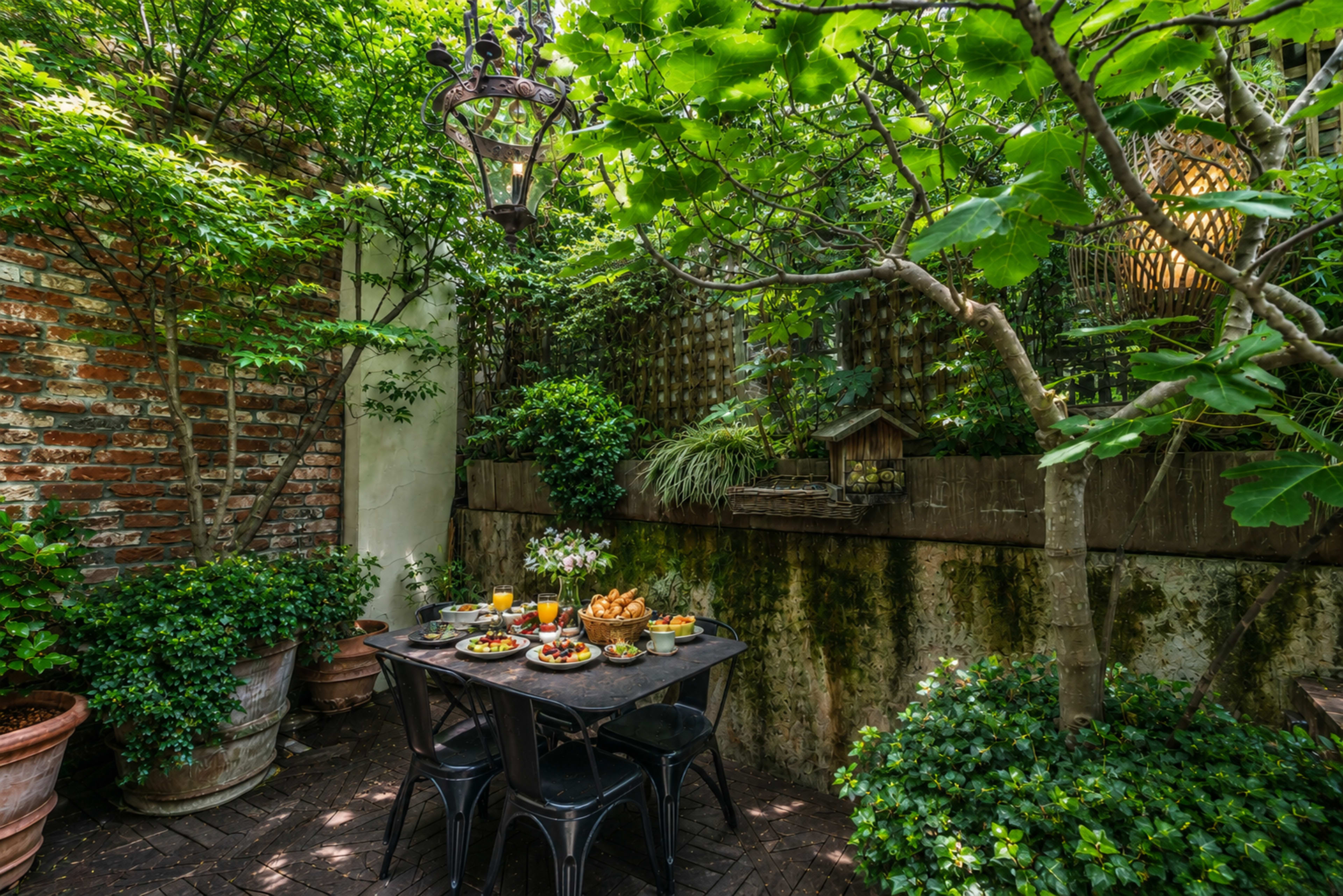 A small outdoor dining area is set with a black table, surrounded by lush greenery and potted plants against a brick wall.