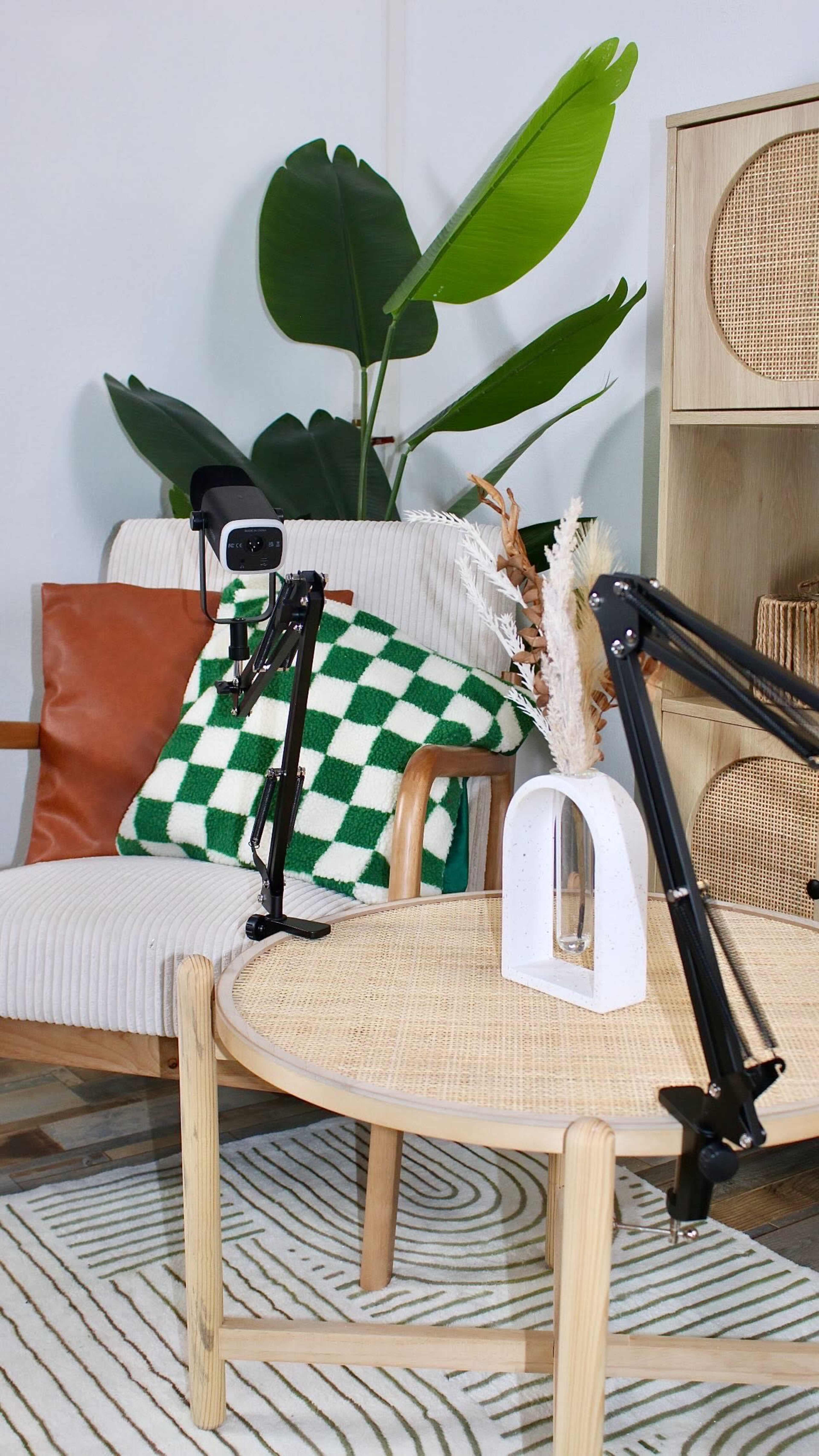 A cozy seating area features a striped armchair with a green and white checkered pillow, a round bamboo coffee table, and decorative items, including a vase and tall leaves in the background.
