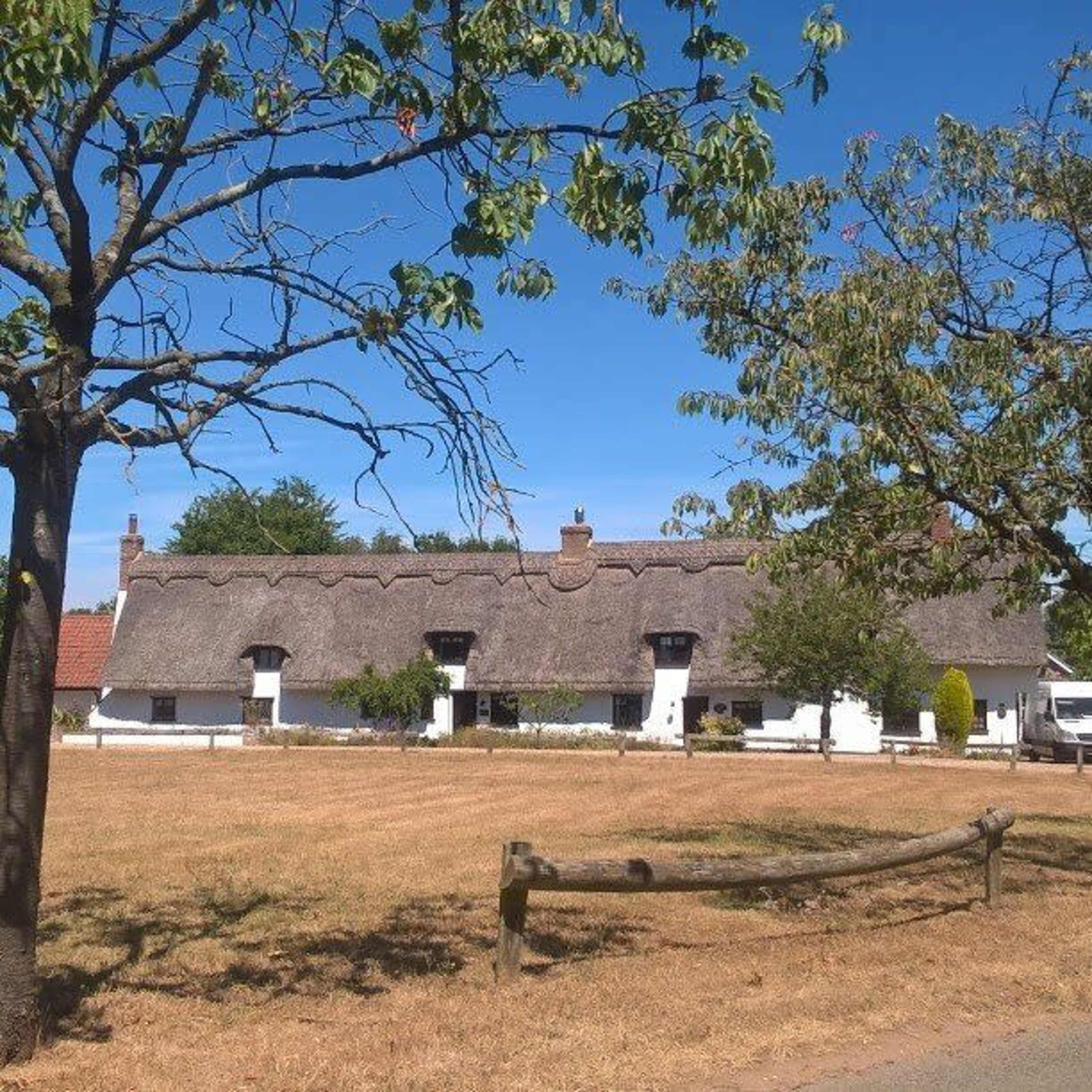 A thatched-roof cottage is set against a clear blue sky, with a surrounding grassy area and trees.