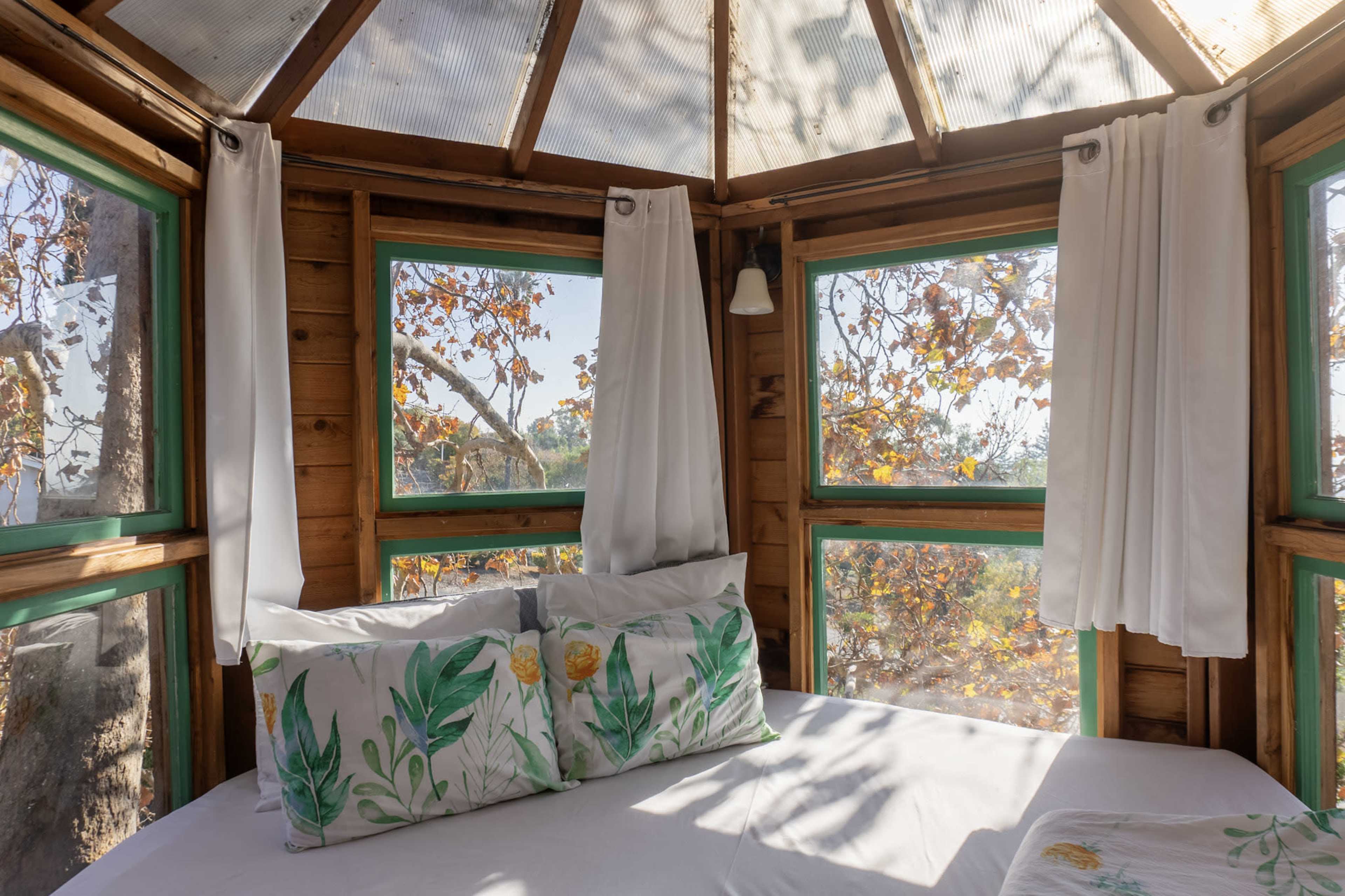 The image shows a cozy wooden interior of a treehouse with large windows and a bed adorned with leafy pillows, surrounded by autumn foliage.