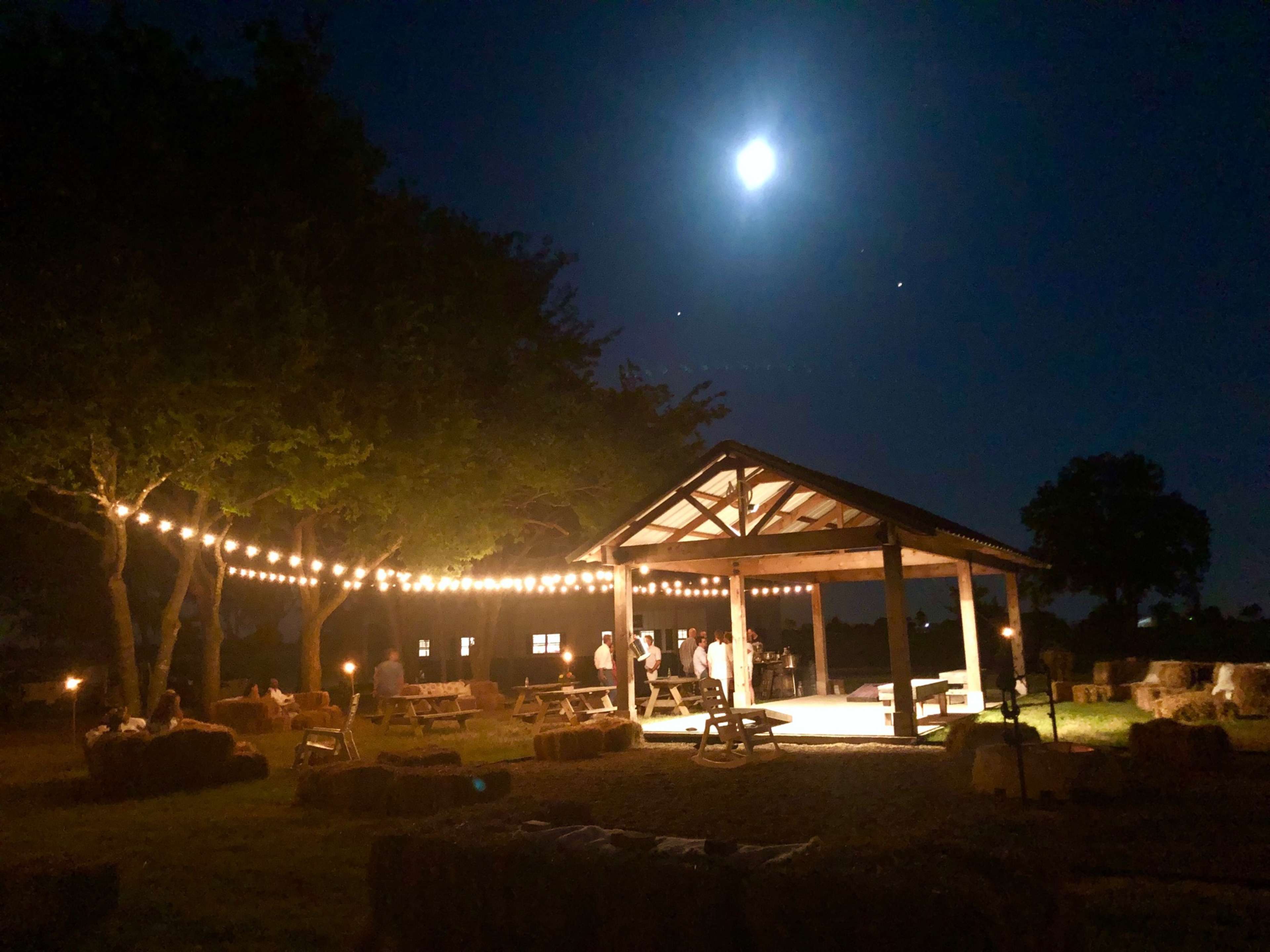 A wooden pavilion illuminated by string lights stands in a grassy area at night, with a full moon hanging overhead.