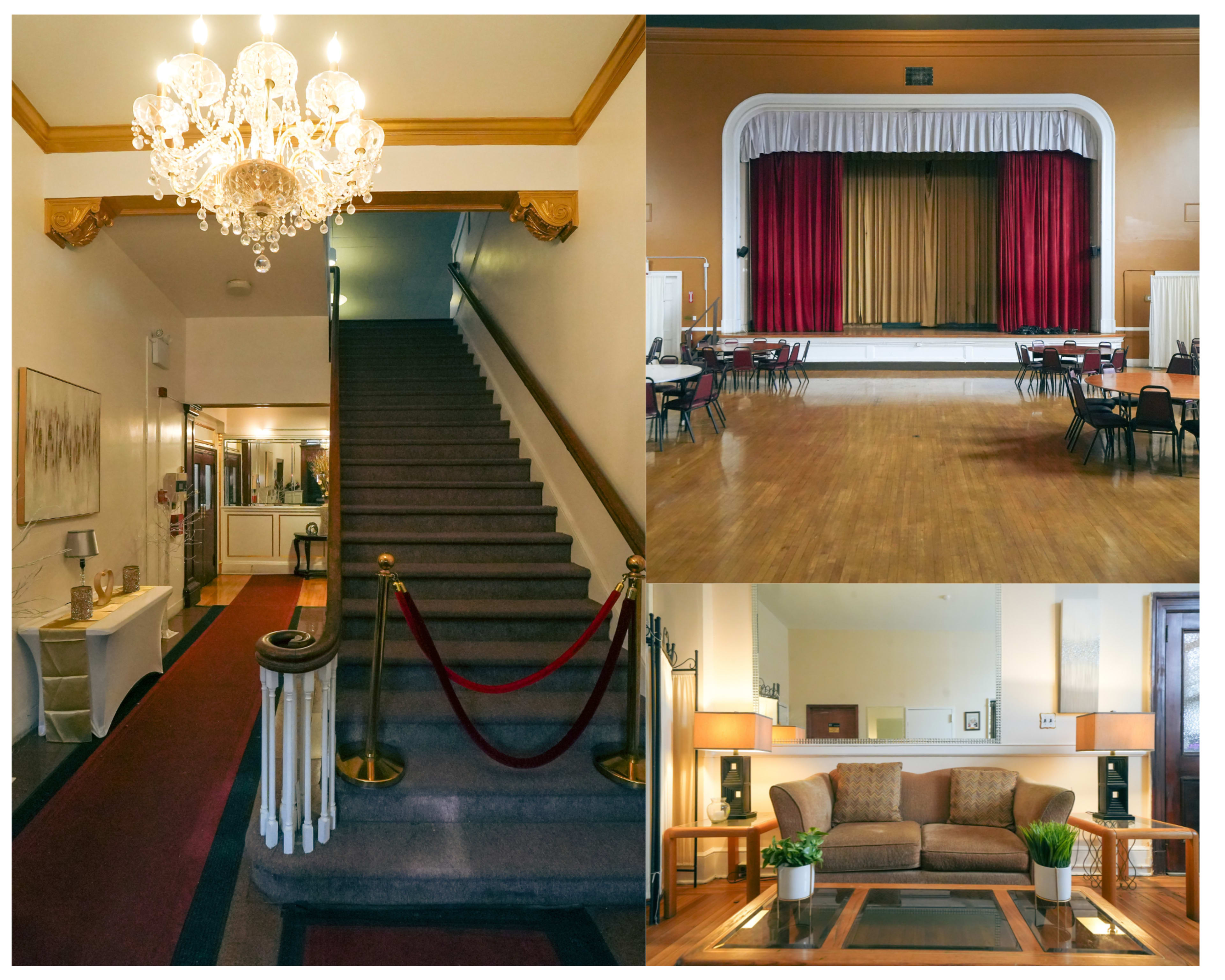 A grand entrance with a staircase leading to an upper level, a spacious event room with a stage and red curtains, and a cozy lounge area with sofas and decorative plants.