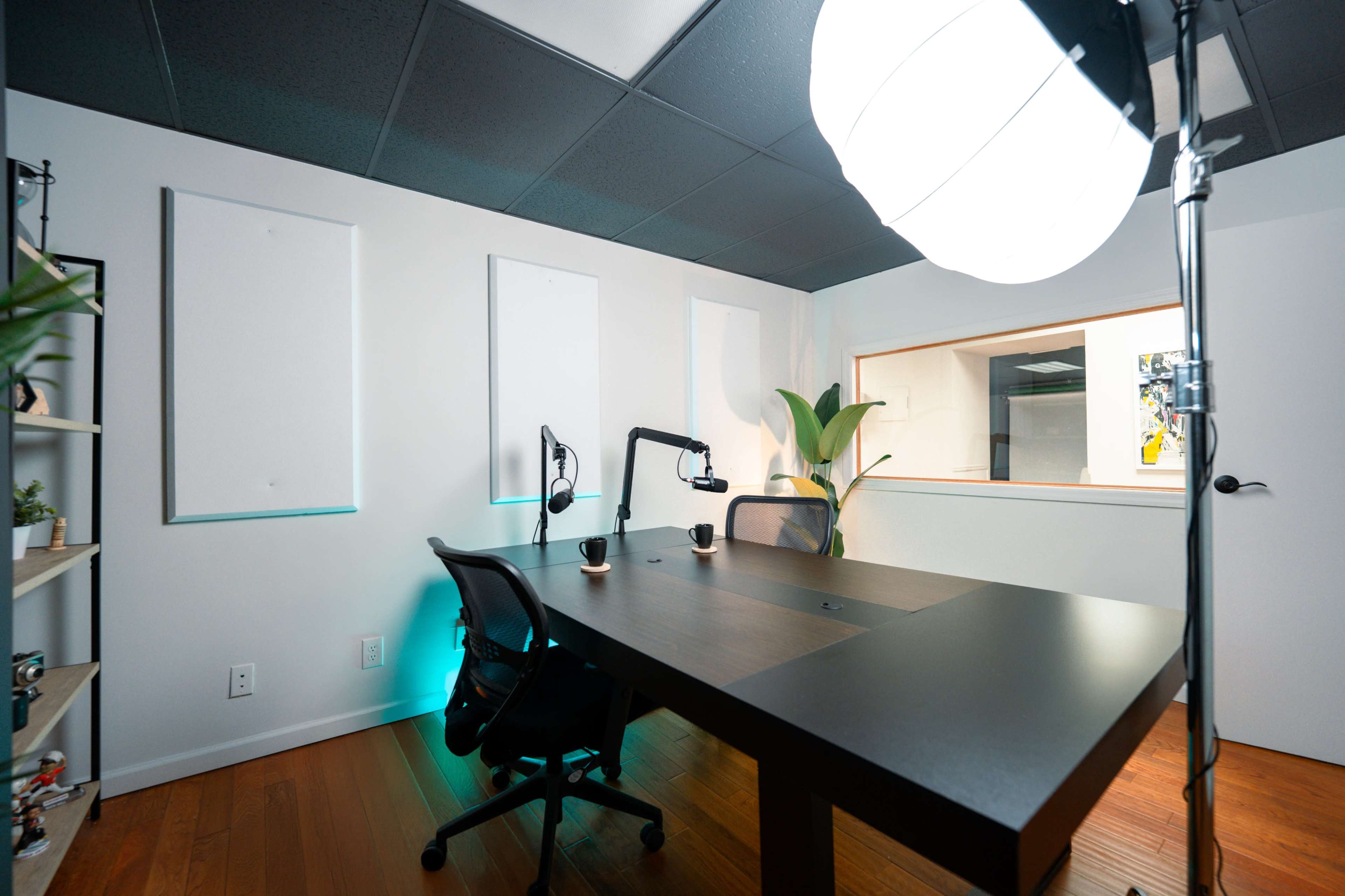 A minimalistic office space features a large black desk with an ergonomic chair, two microphone stands, a potted plant, and a soft lighting fixture.