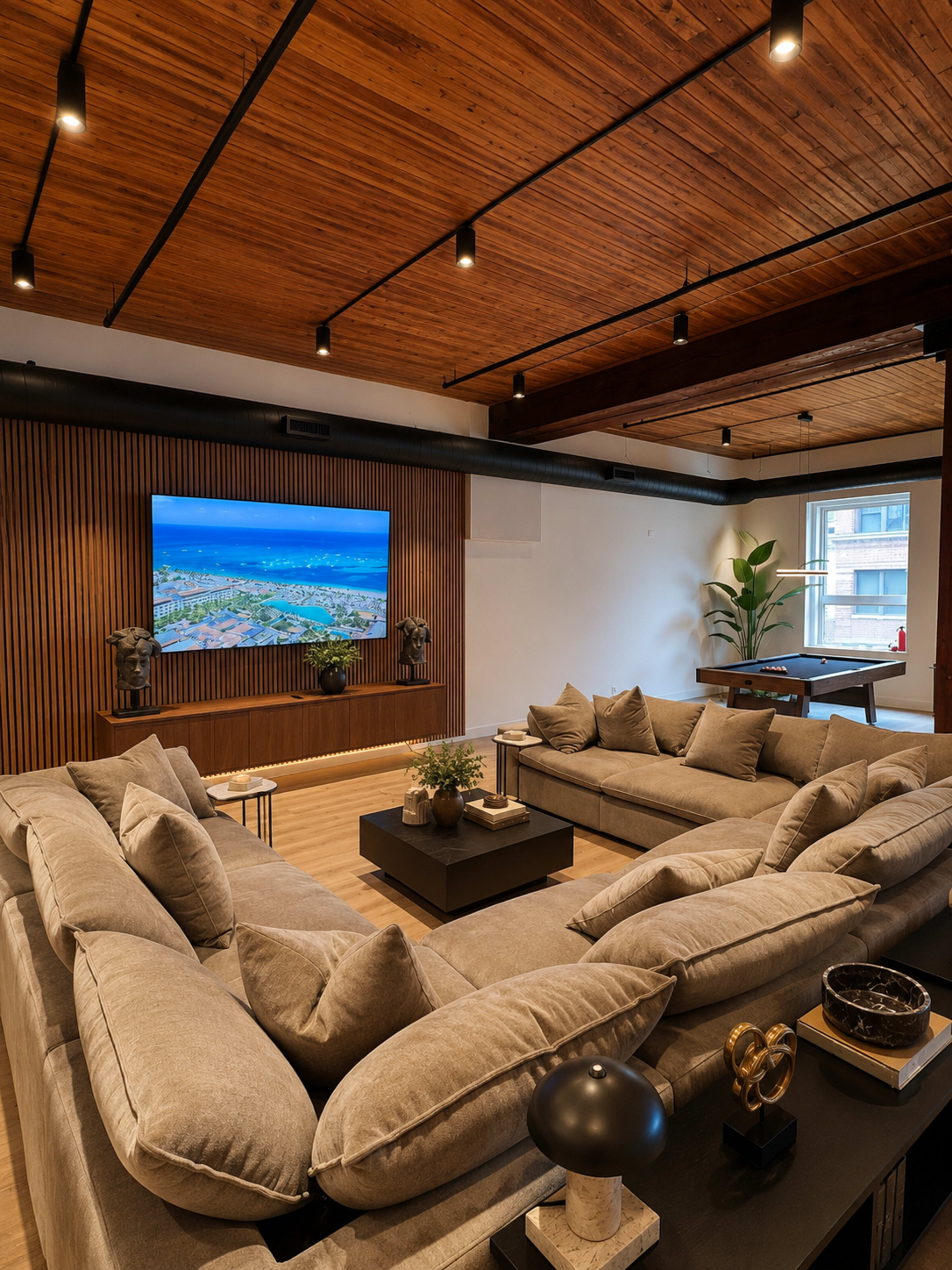 The image shows a modern living room with a large sectional sofa facing a flat-screen TV mounted on a wooden feature wall, illuminated by overhead track lighting.
