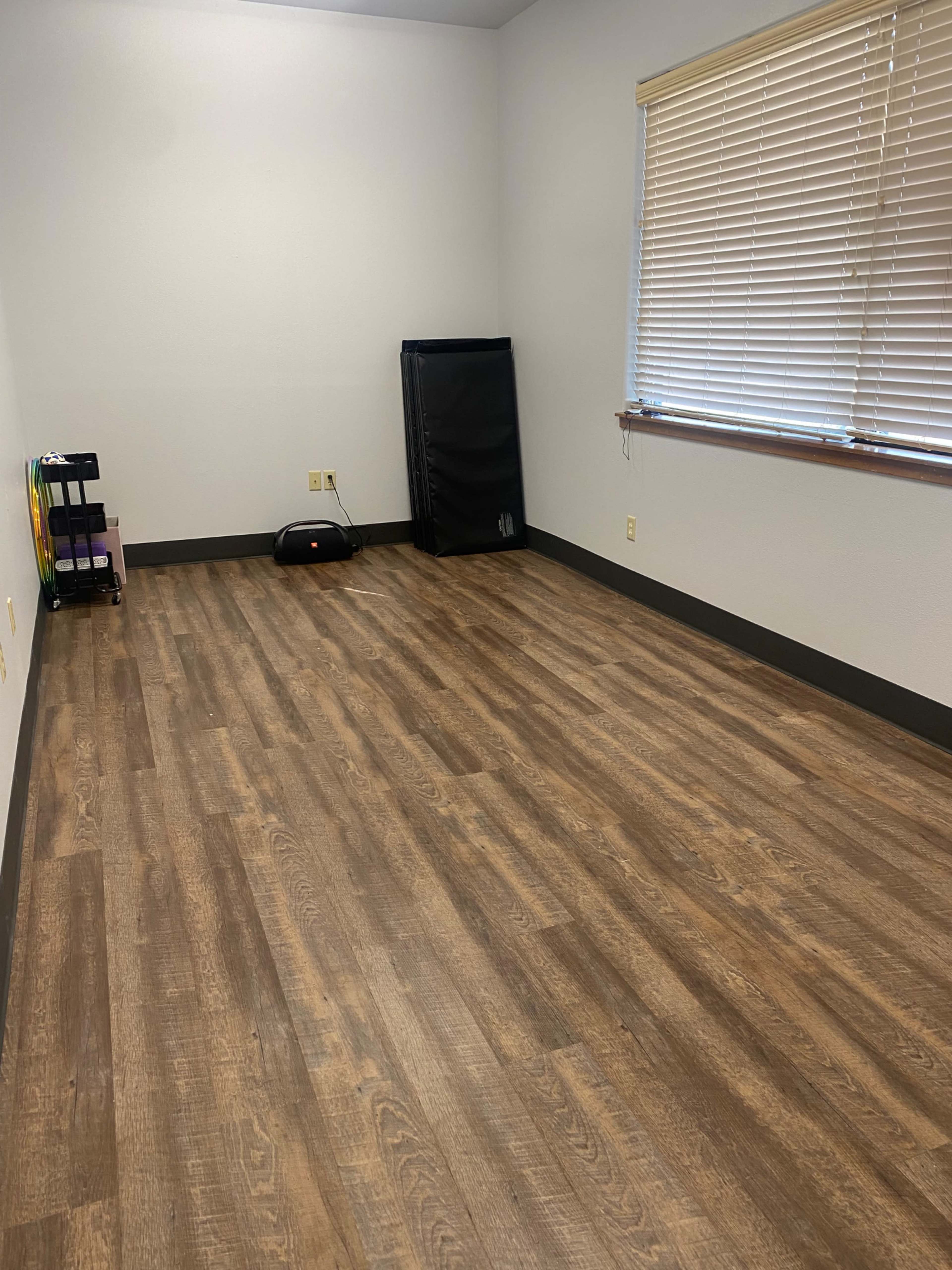 The image shows a sparsely furnished room with wooden flooring and a single window covered by blinds.