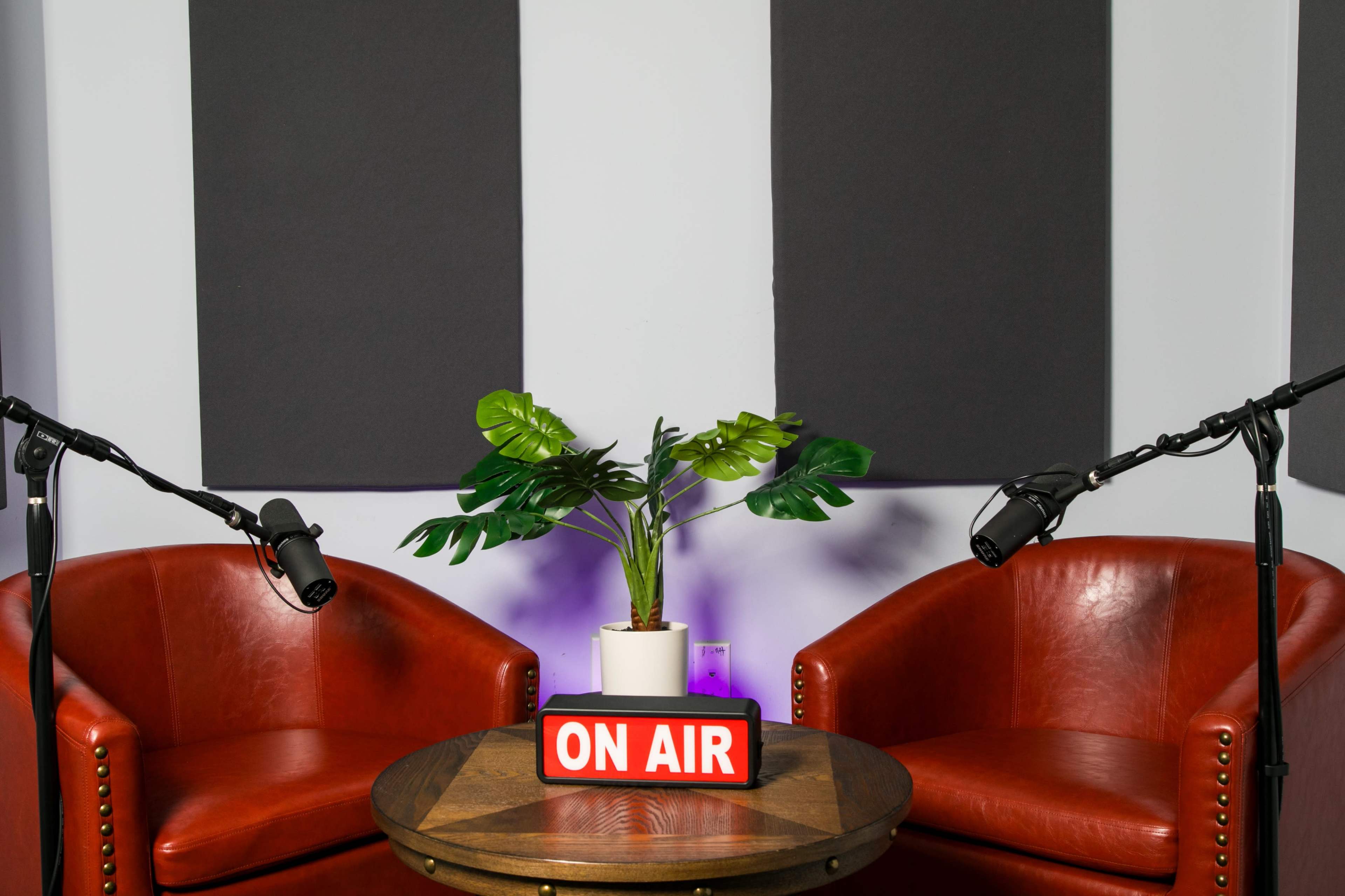 A small recording studio setup with two red chairs, a circular wooden table, a "ON AIR" sign, and a potted plant, flanked by two microphones.