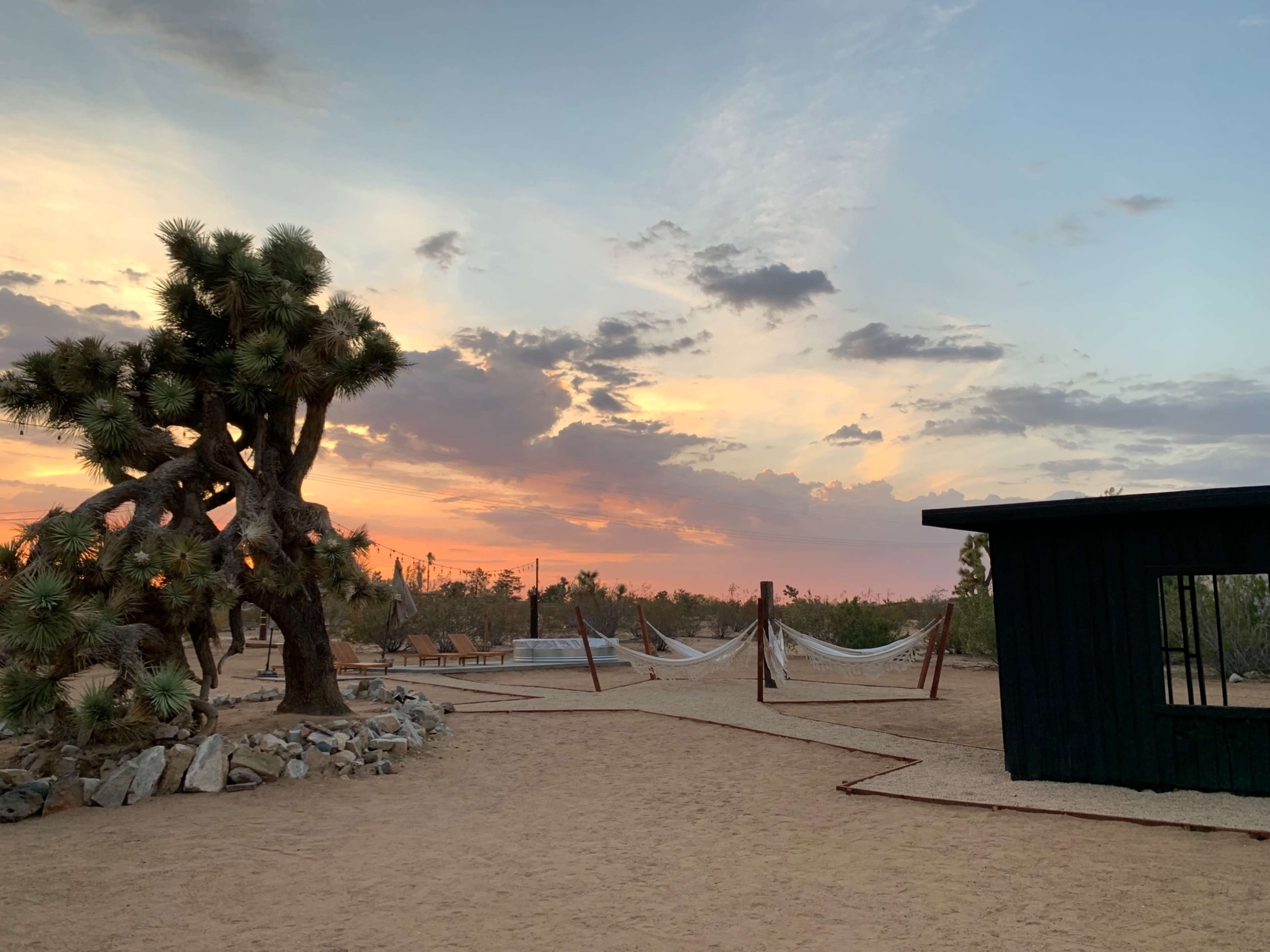 A desert landscape features a large tree beside a black structure with hammocks in the background under a colorful sunset sky.