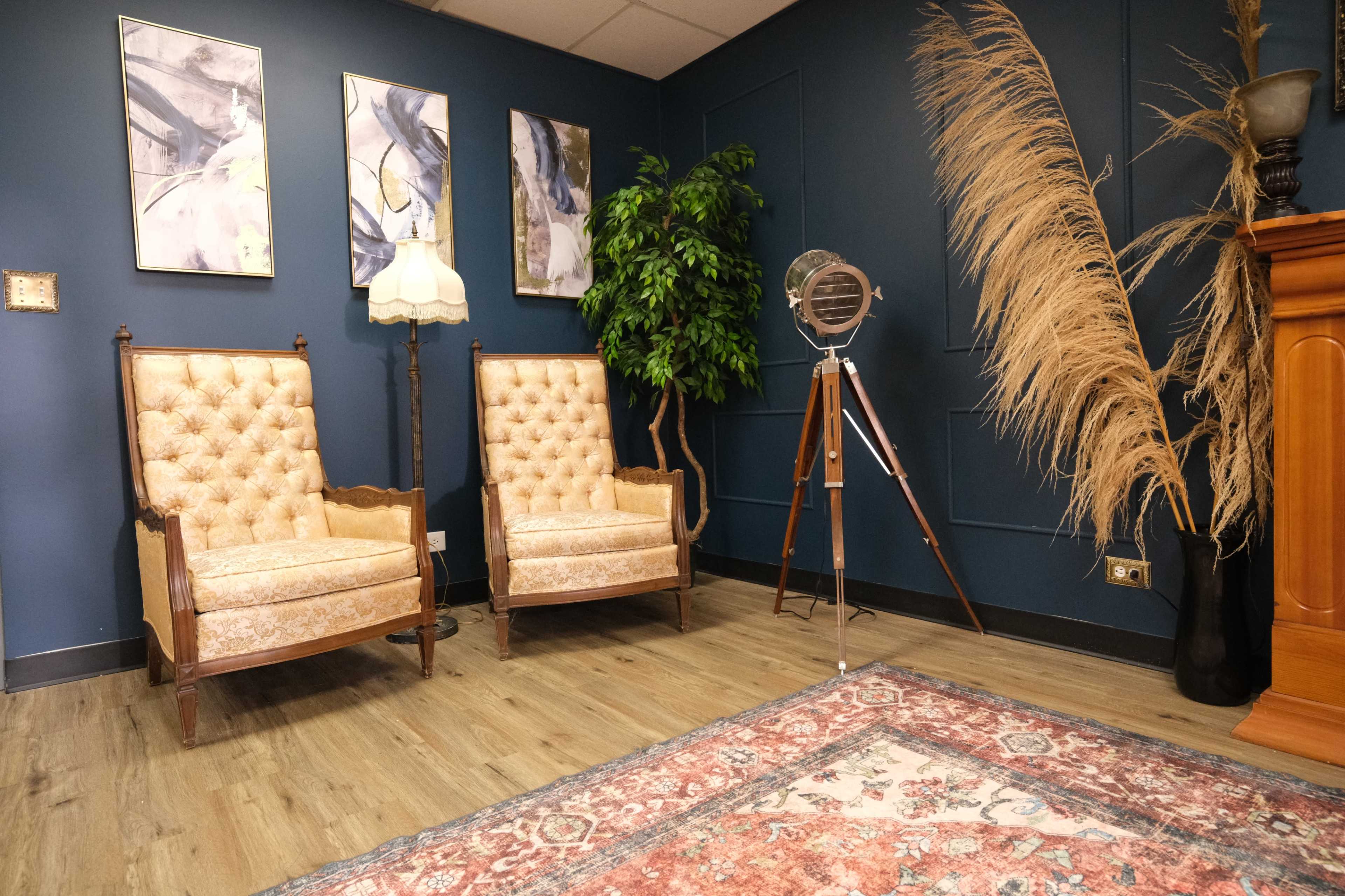 The image depicts a cozy room with two vintage upholstered chairs, a standing lamp, a potted plant, a decorative microphone on a tripod, and an ornate rug on a wooden floor against a dark blue wall.