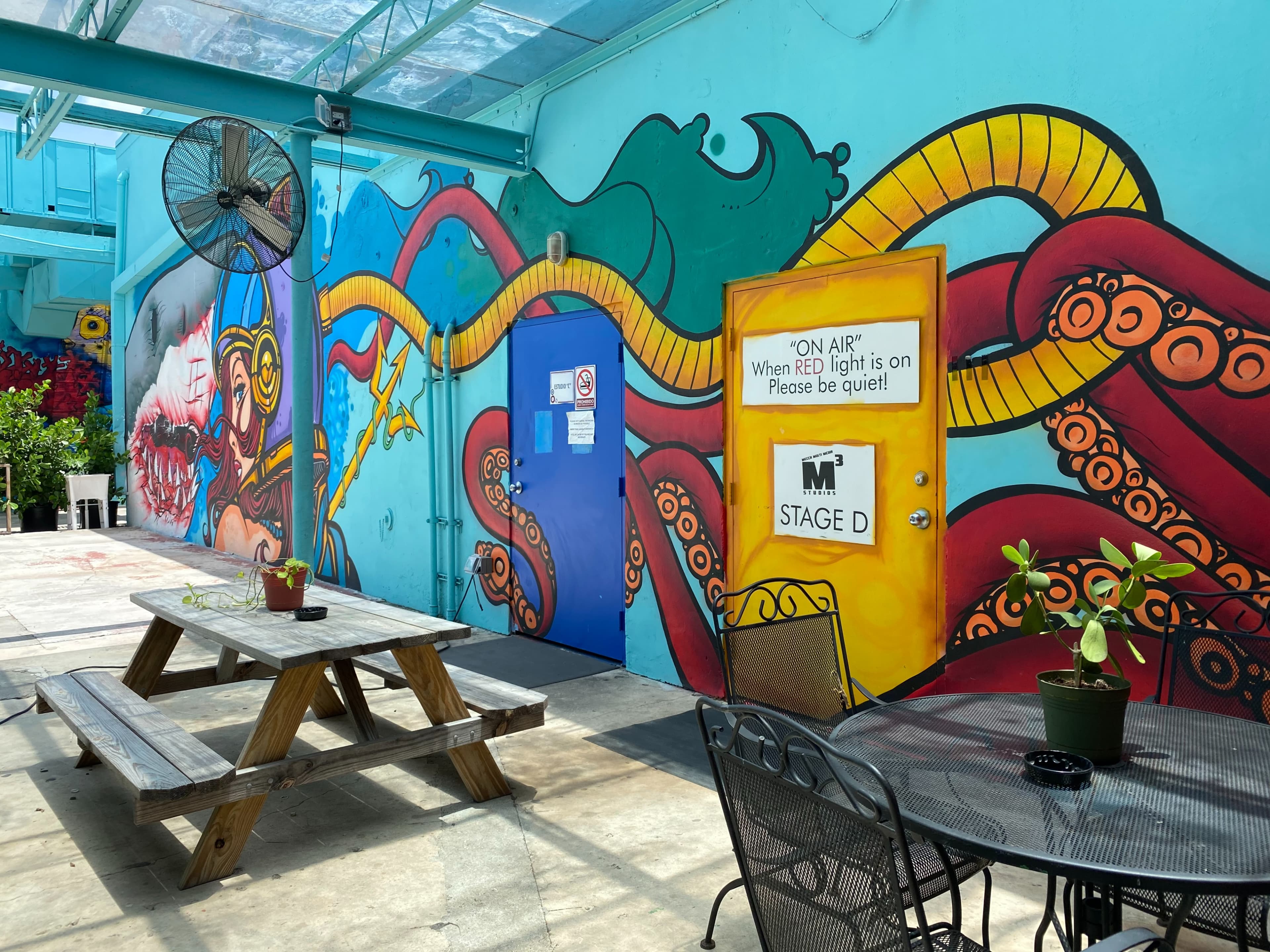 The image shows an outdoor seating area with wooden picnic tables in front of a colorful mural featuring octopus tentacles and a blue door marked with a sign that says "ON AIR."