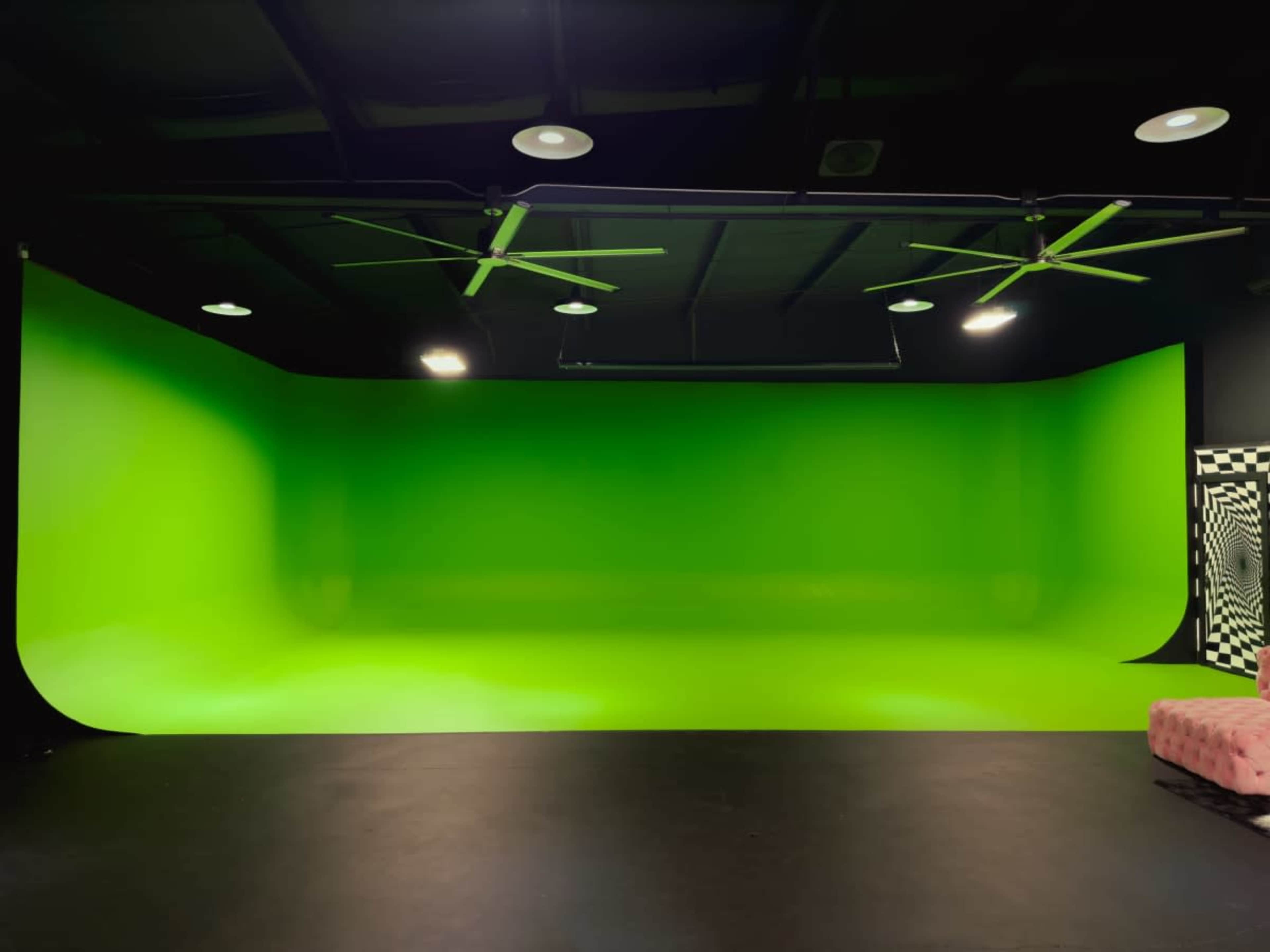 The image shows a studio with a bright green backdrop, black flooring, and ceiling fans, along with a pink couch in the corner.