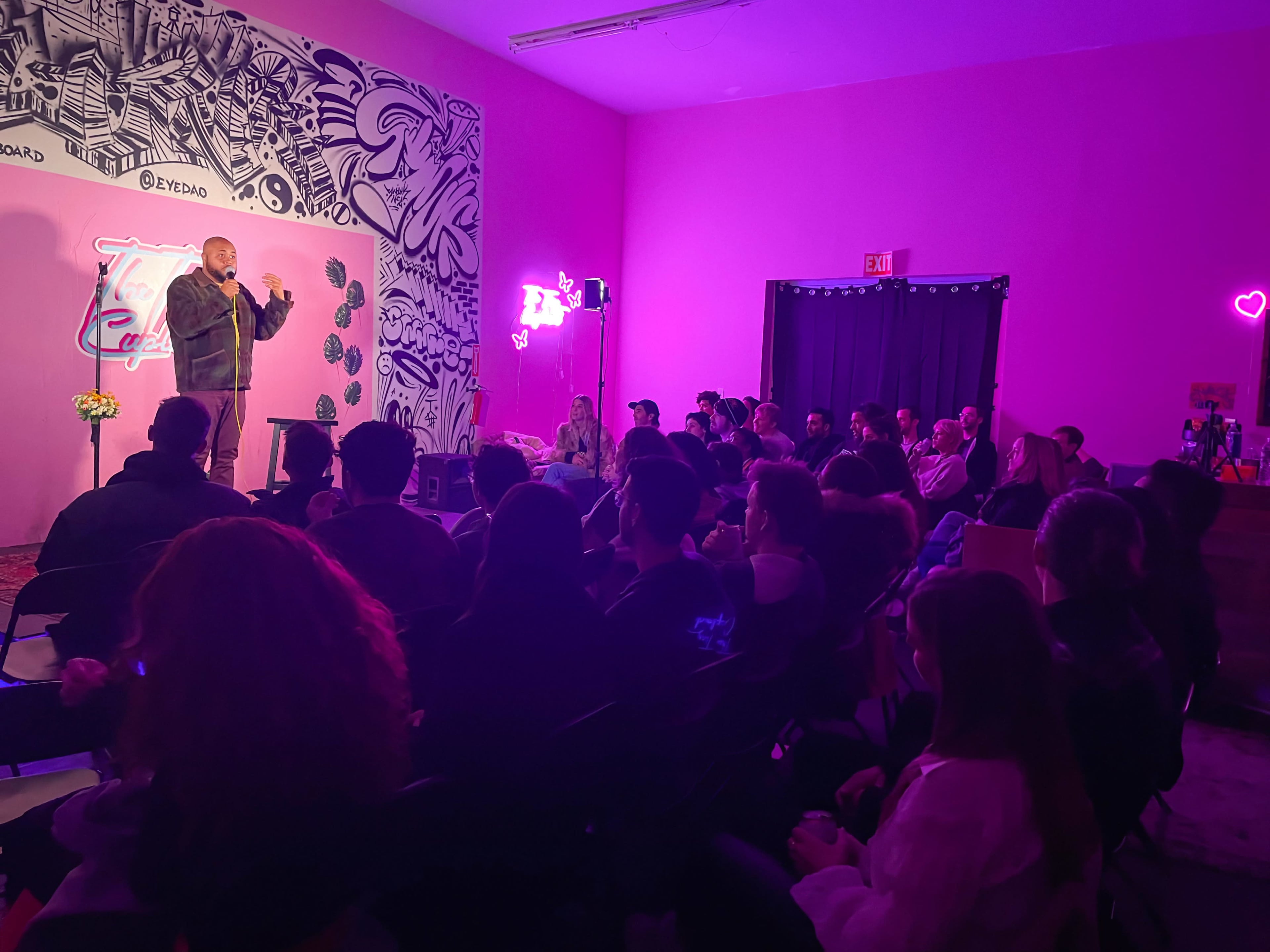 A comedian performs on stage in front of an audience seated in a pink-decorated room.
