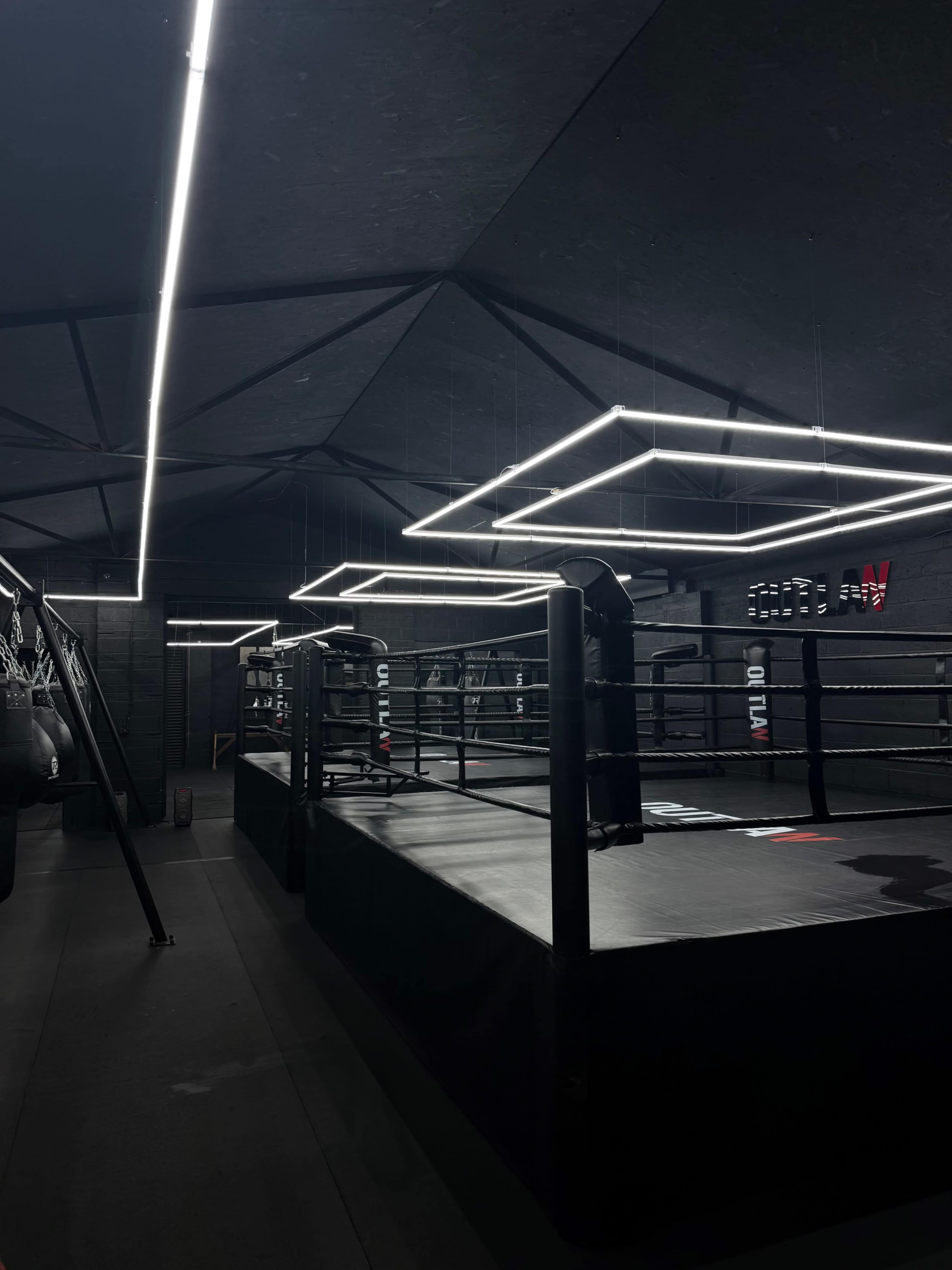 The image shows a modern boxing gym with angular lighting fixtures overhead and boxing rings in the background.