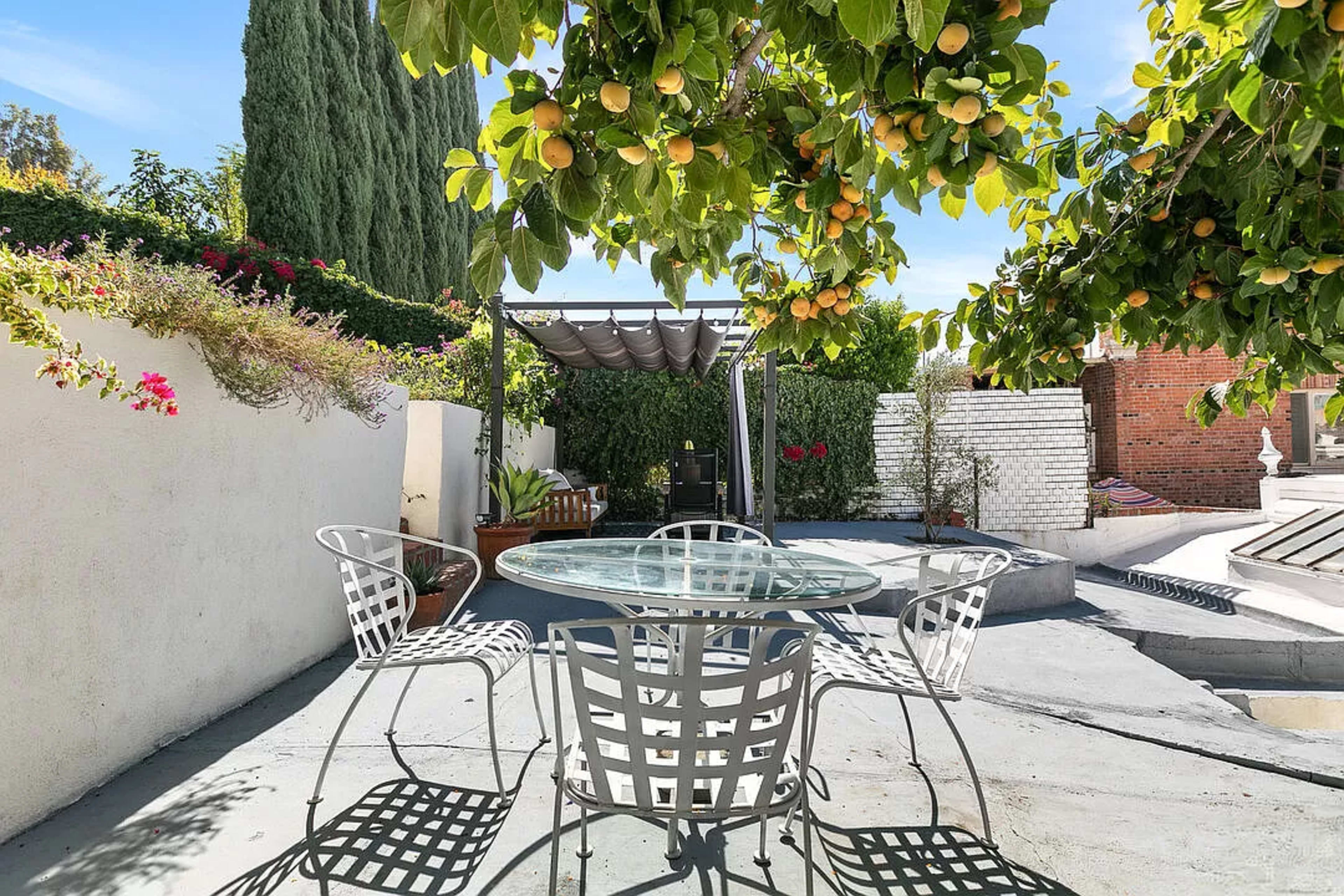A glass table surrounded by four white chairs is situated under a lemon tree in a landscaped outdoor area.