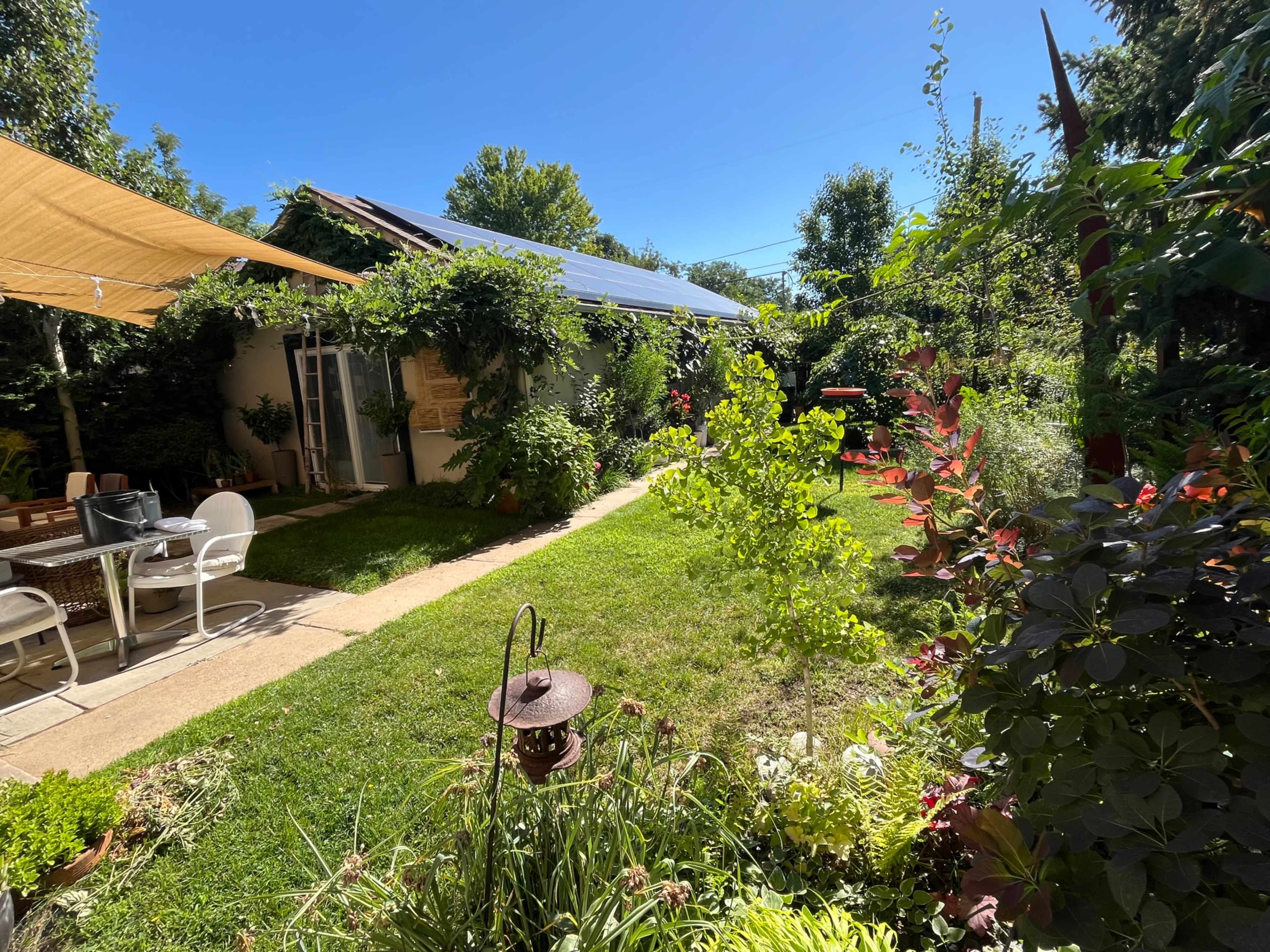 The image shows a well-maintained garden with a pathway leading to a house, surrounded by greenery and plants, and a seating area under a shade.