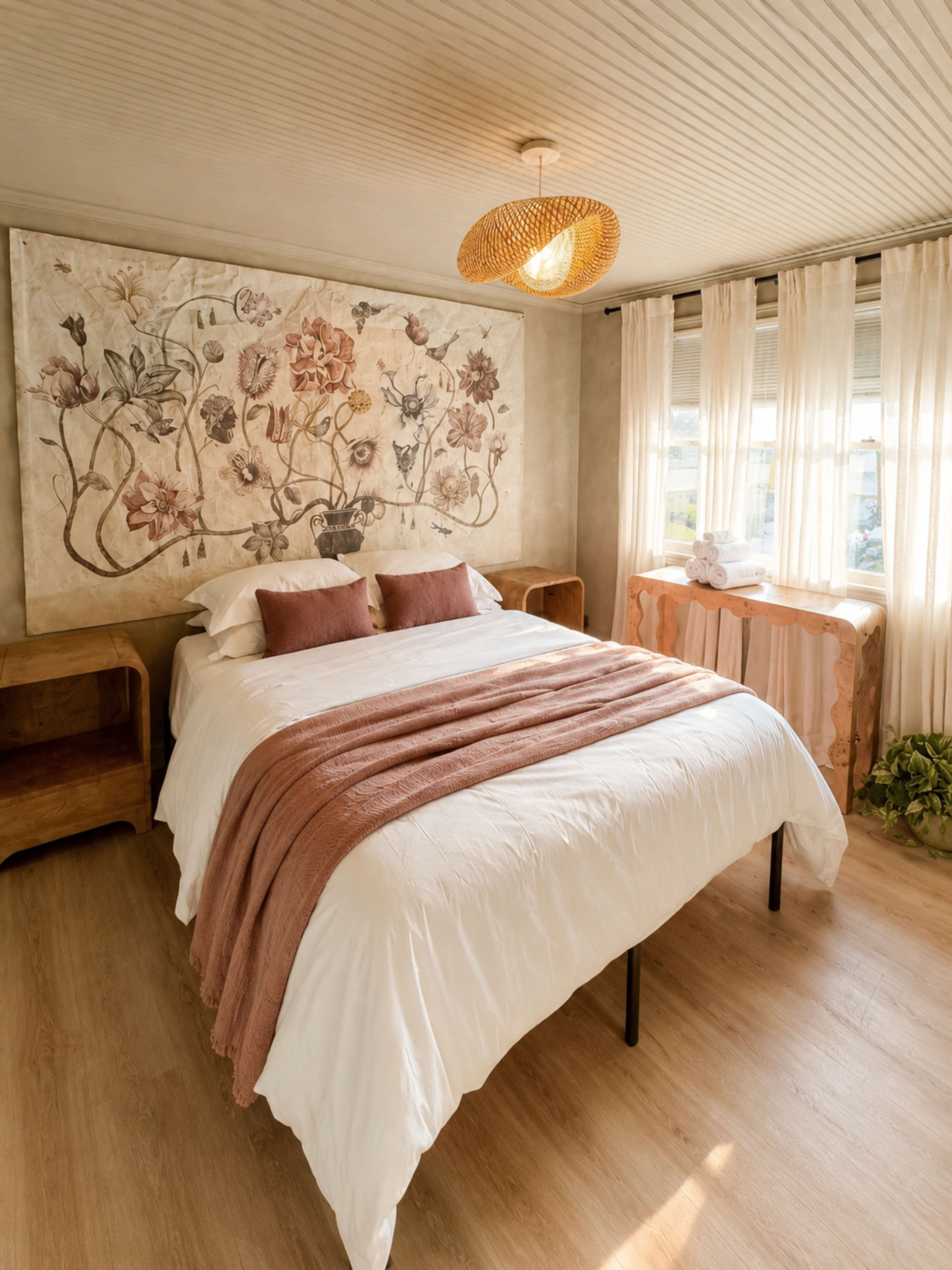 The bedroom features a large bed with white linens and a pink throw blanket, accompanied by wooden nightstands and a decorative wall hanging with floral designs.