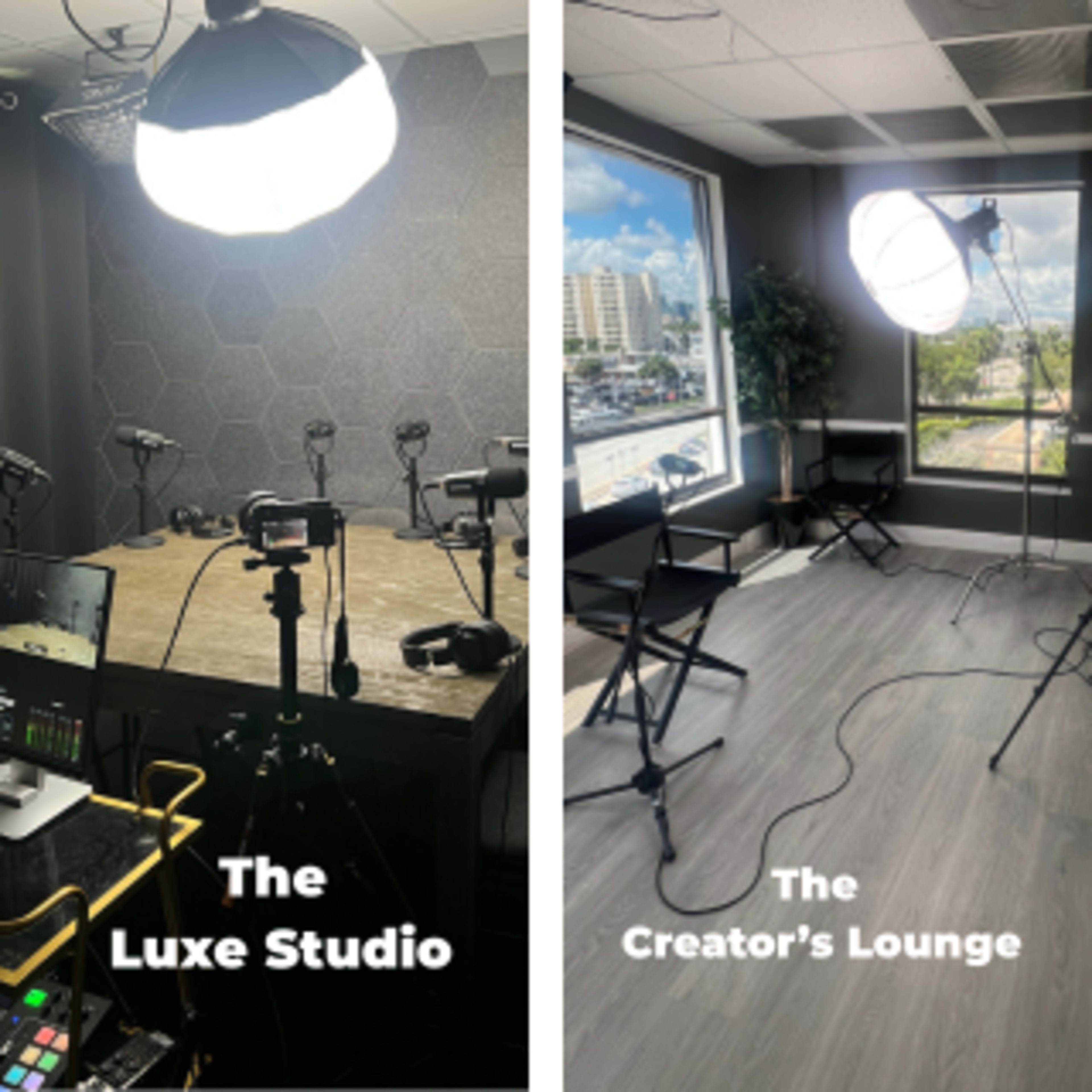 The image shows a split scene featuring two spaces: the left side displays a recording studio with microphones and equipment, and the right side displays a lounge area with a large window and director's chairs.