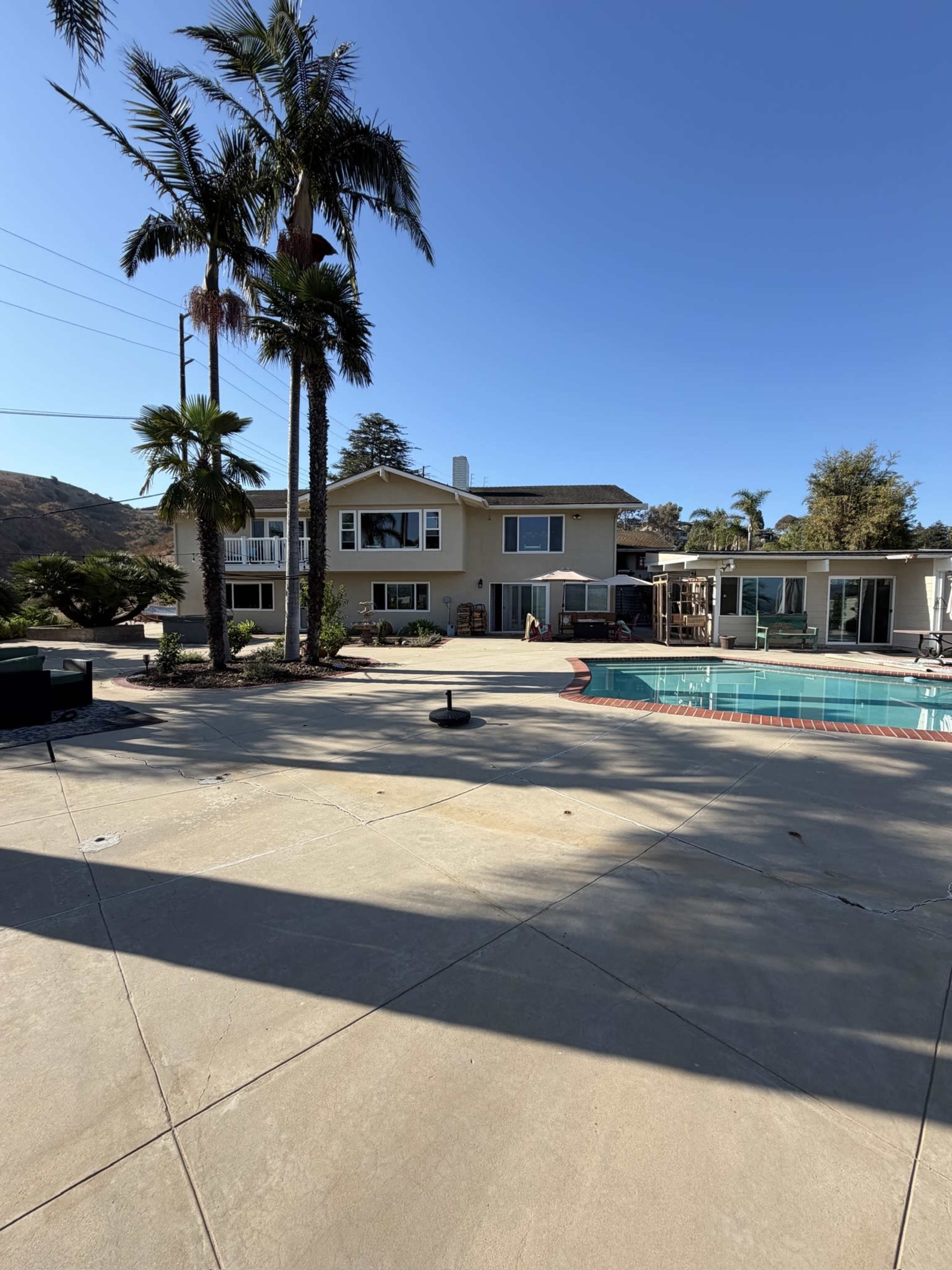 The image shows a spacious backyard with a swimming pool, palm trees, and a two-story house in a sunny environment.
