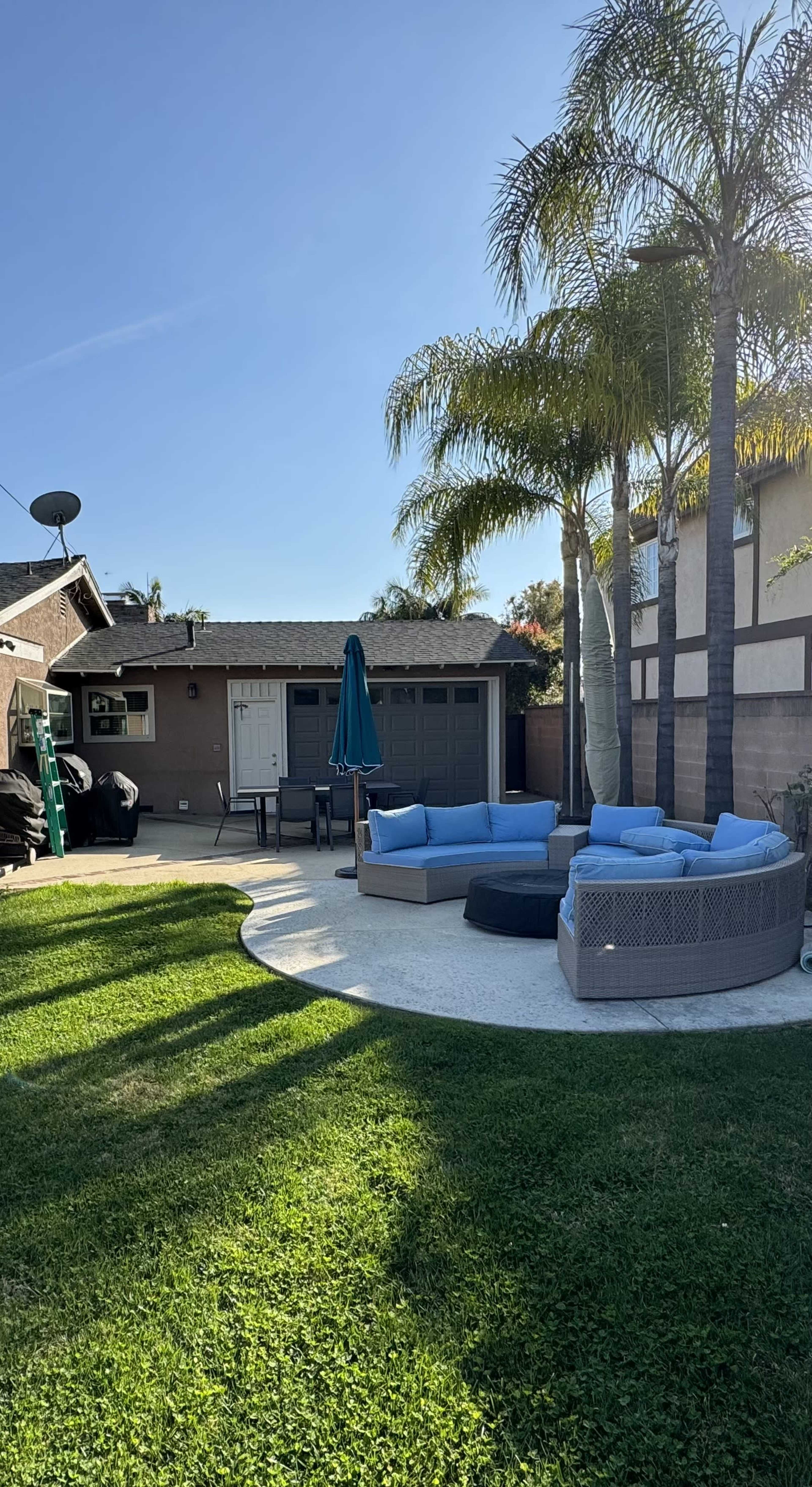 A backyard with a circular seating area made of light gray wicker furniture, green grass, palm trees, and a house in the background.