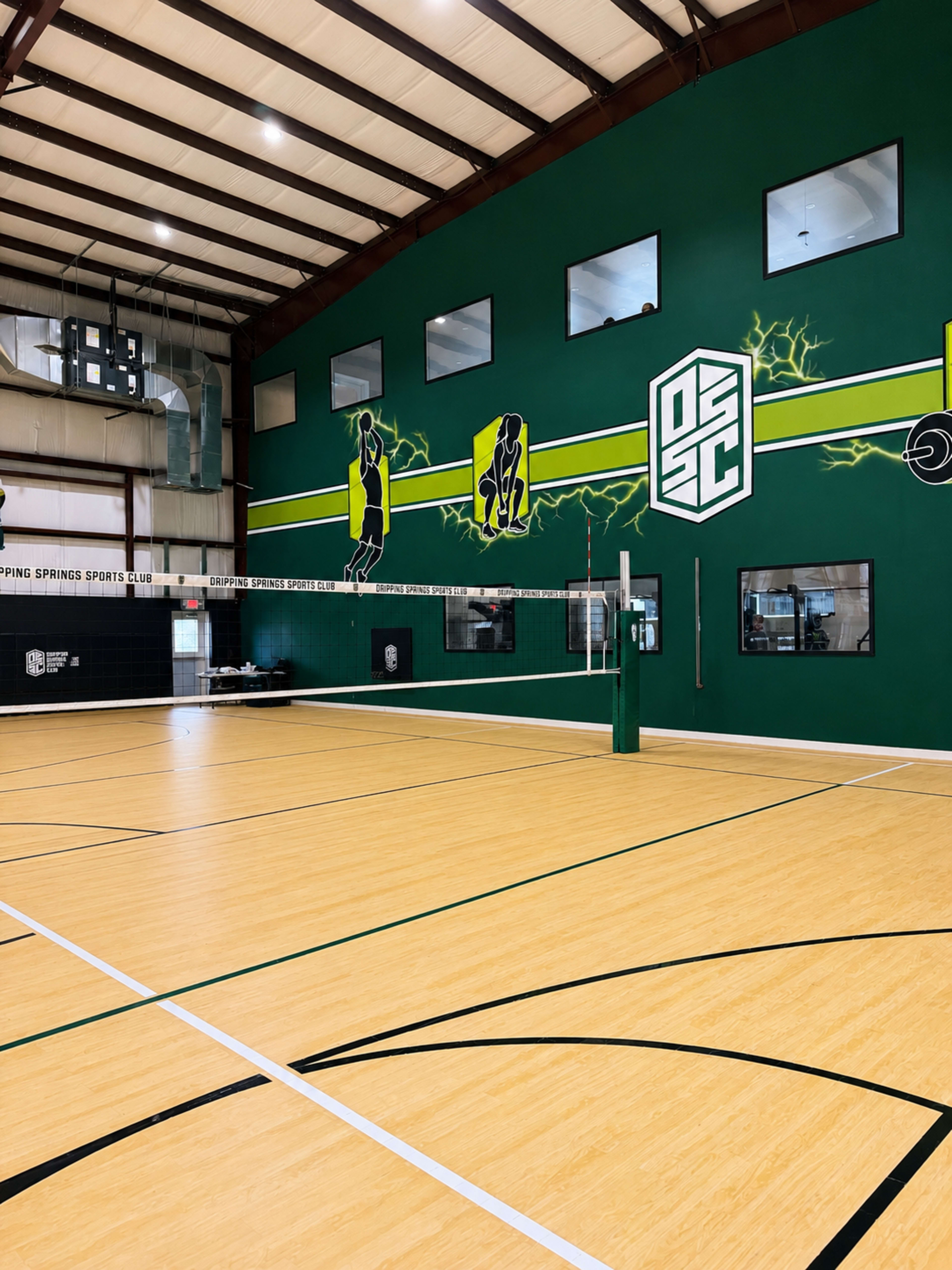 The image shows an indoor volleyball court with a green wall featuring graphic designs, a volleyball net, and a wooden floor.
