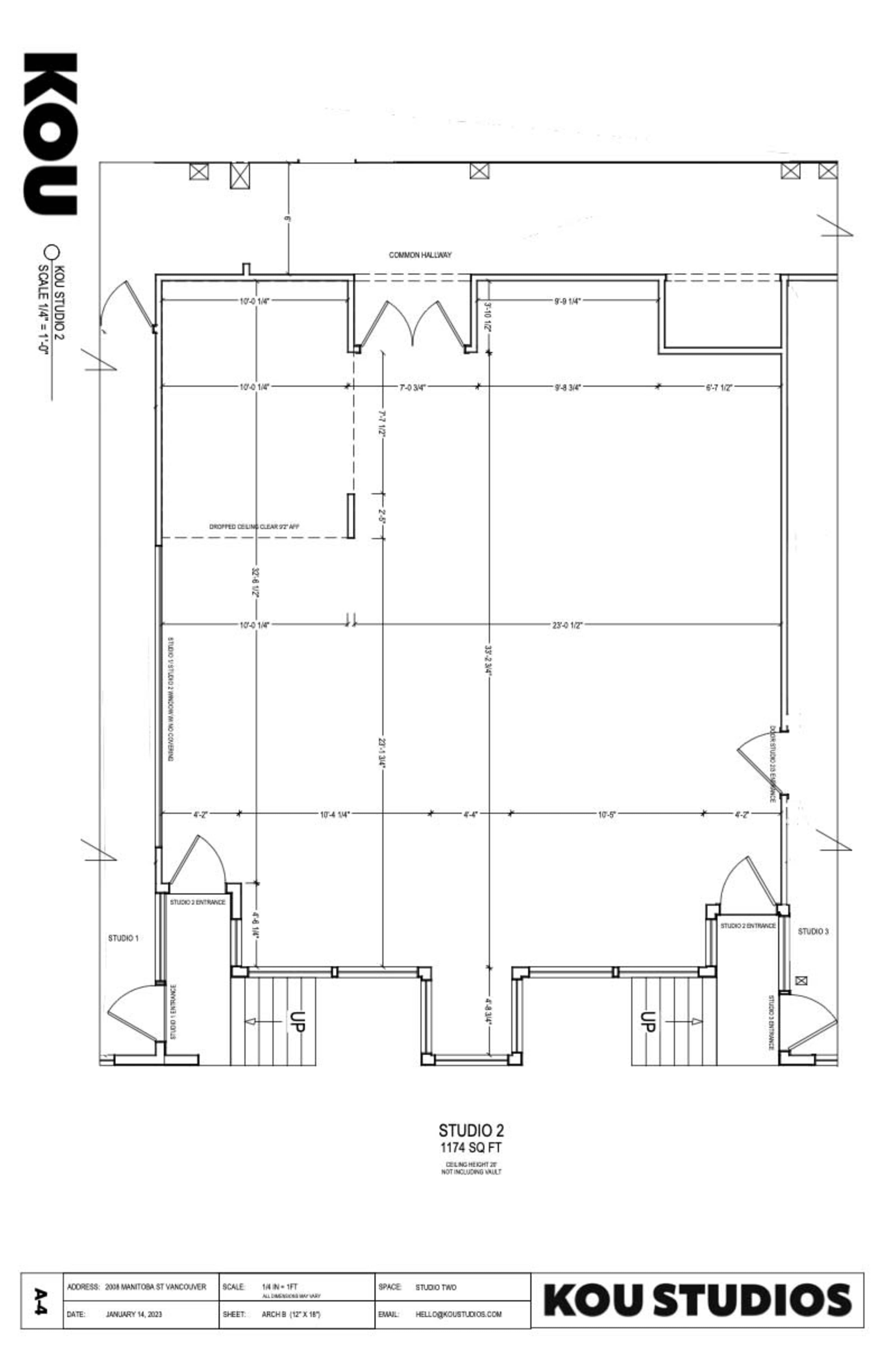 A floor plan for "Studio 2," measuring 1174 square feet, with labeled dimensions and locations of doors and windows.