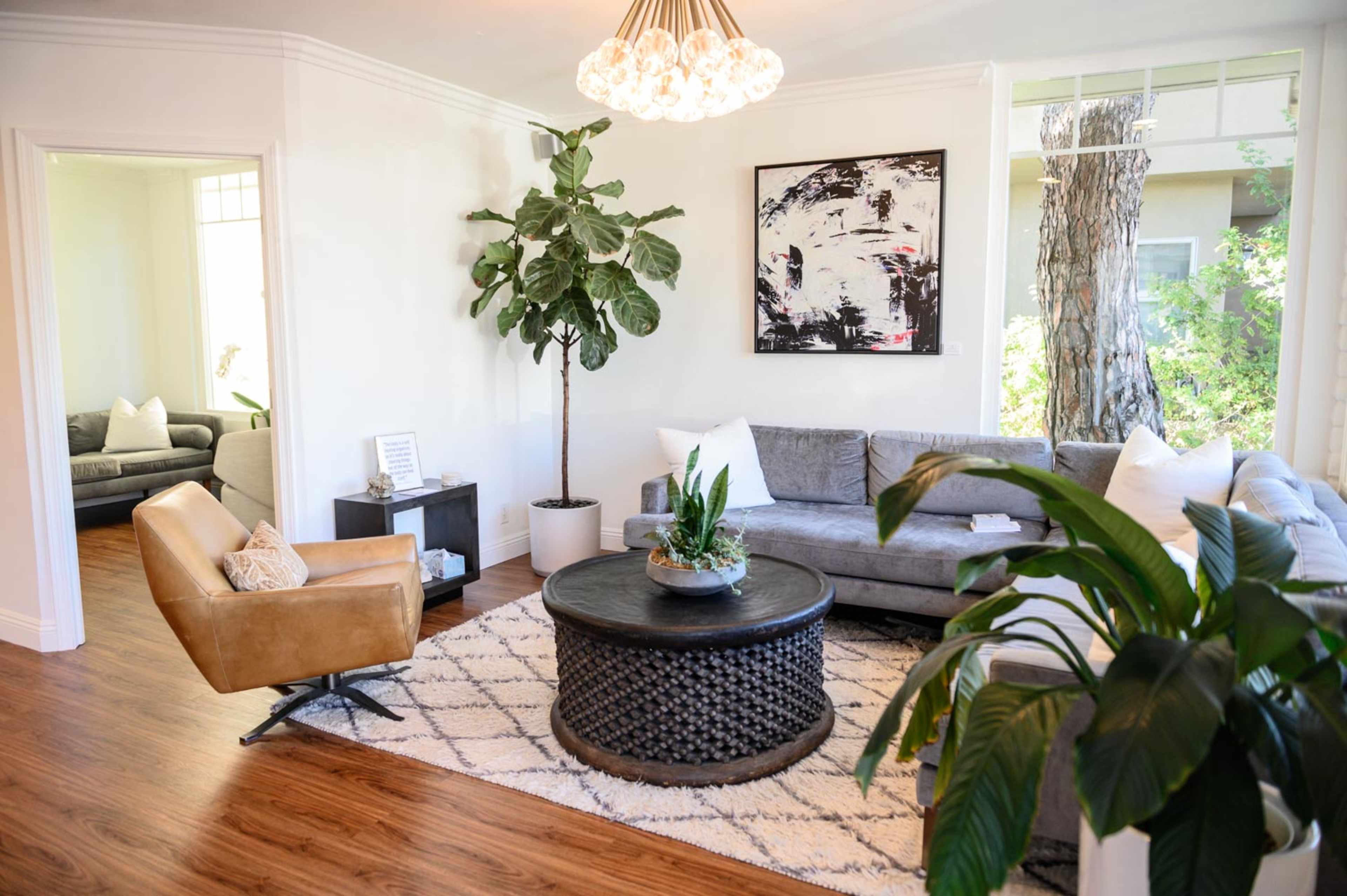 A modern living room featuring a gray sectional sofa, a round coffee table with a plant centerpiece, and a large, leafy indoor plant next to a wall art piece.