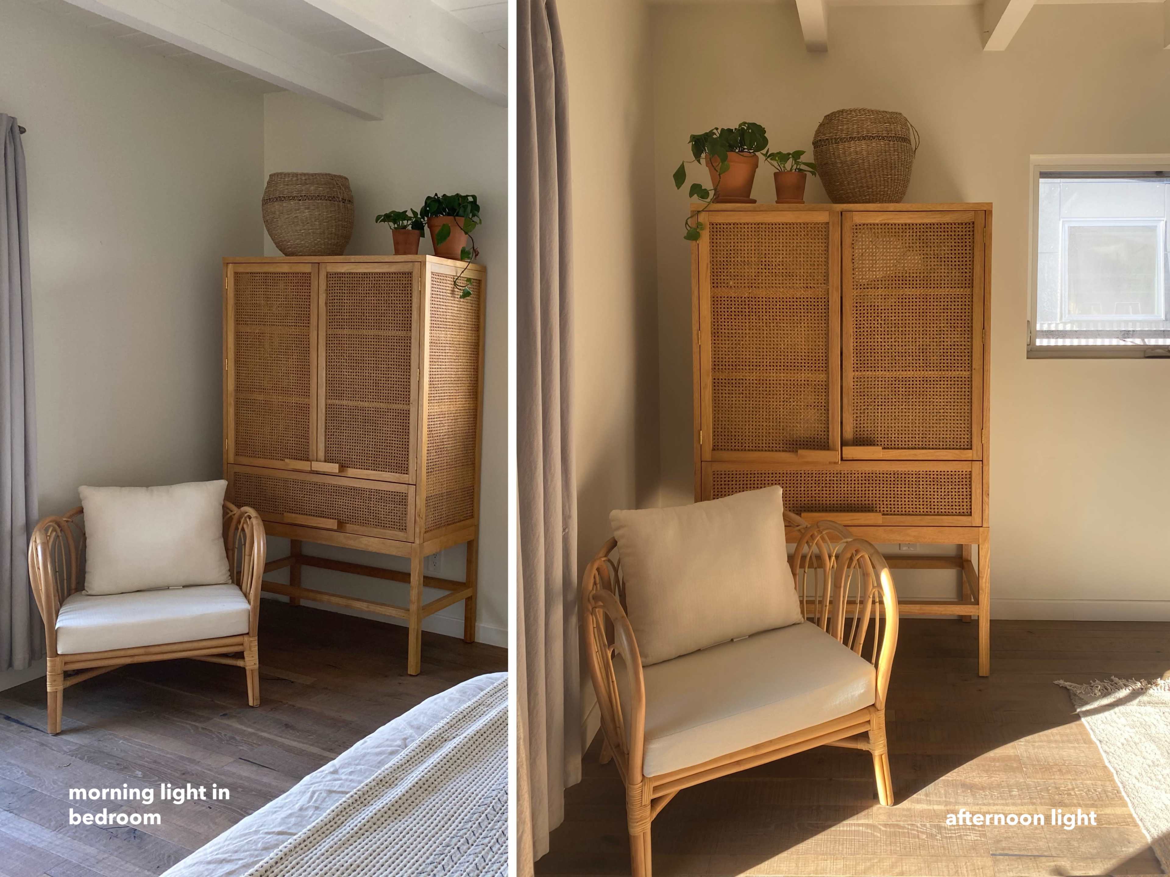 The image shows a bedroom corner with a chair and a cabinet under two different lighting conditions labeled "morning light" and "afternoon light."