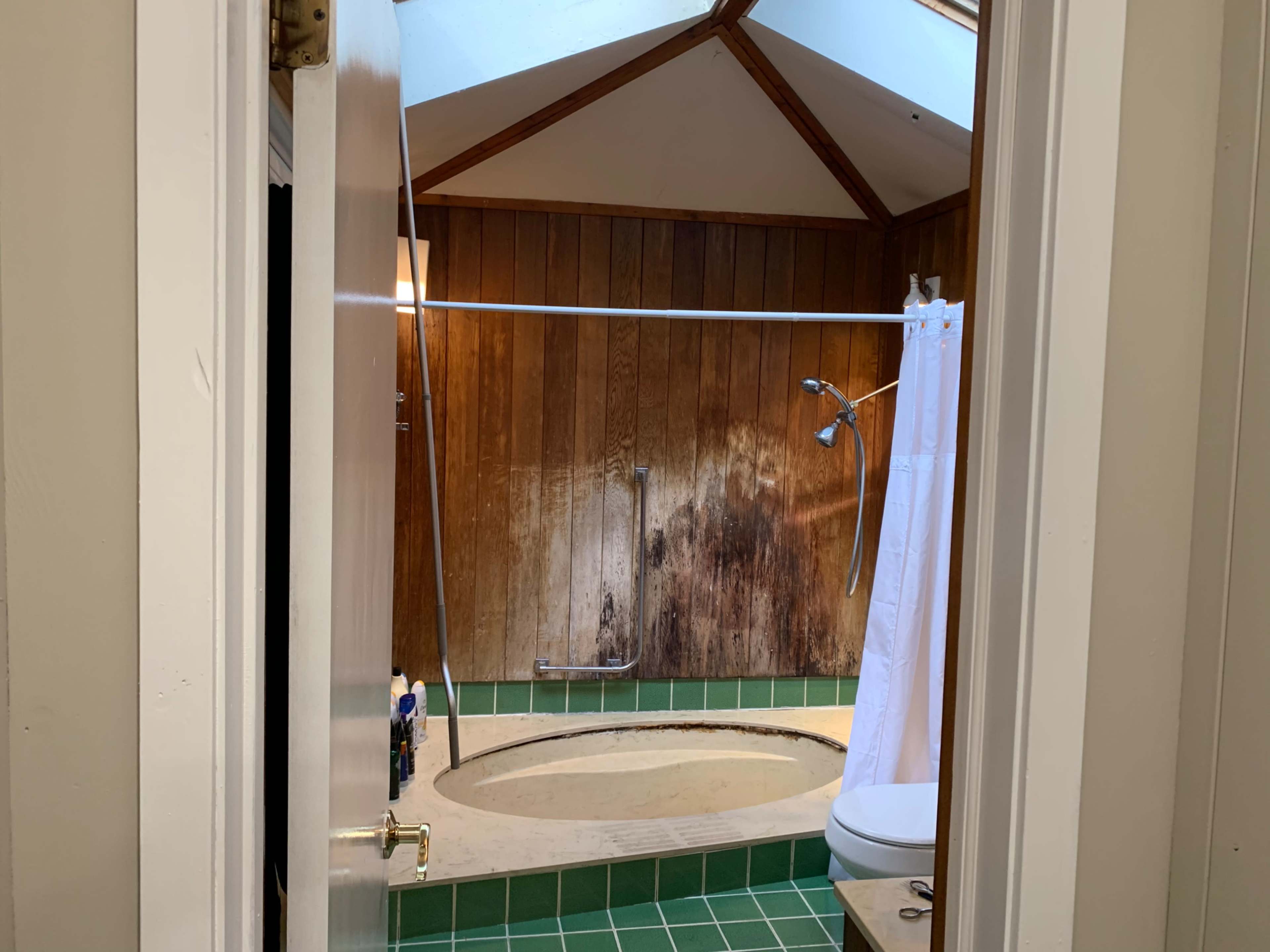 A bathroom with wooden walls, a circular bathtub, a shower area, and a skylight.