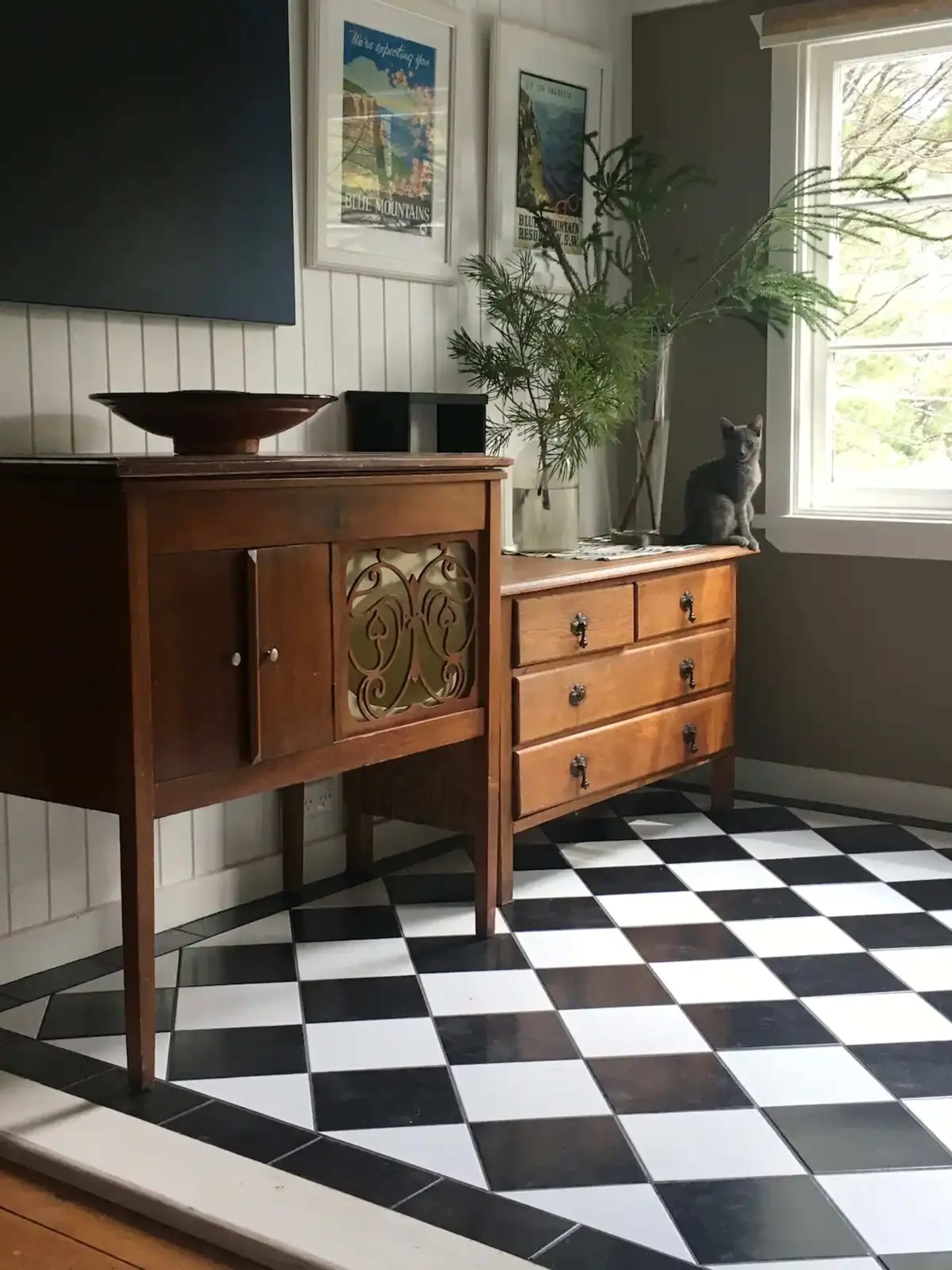 A wooden sideboard and a dresser are positioned against a wall, with a potted plant on top and a cat sitting on the dresser, all on a checkered floor.