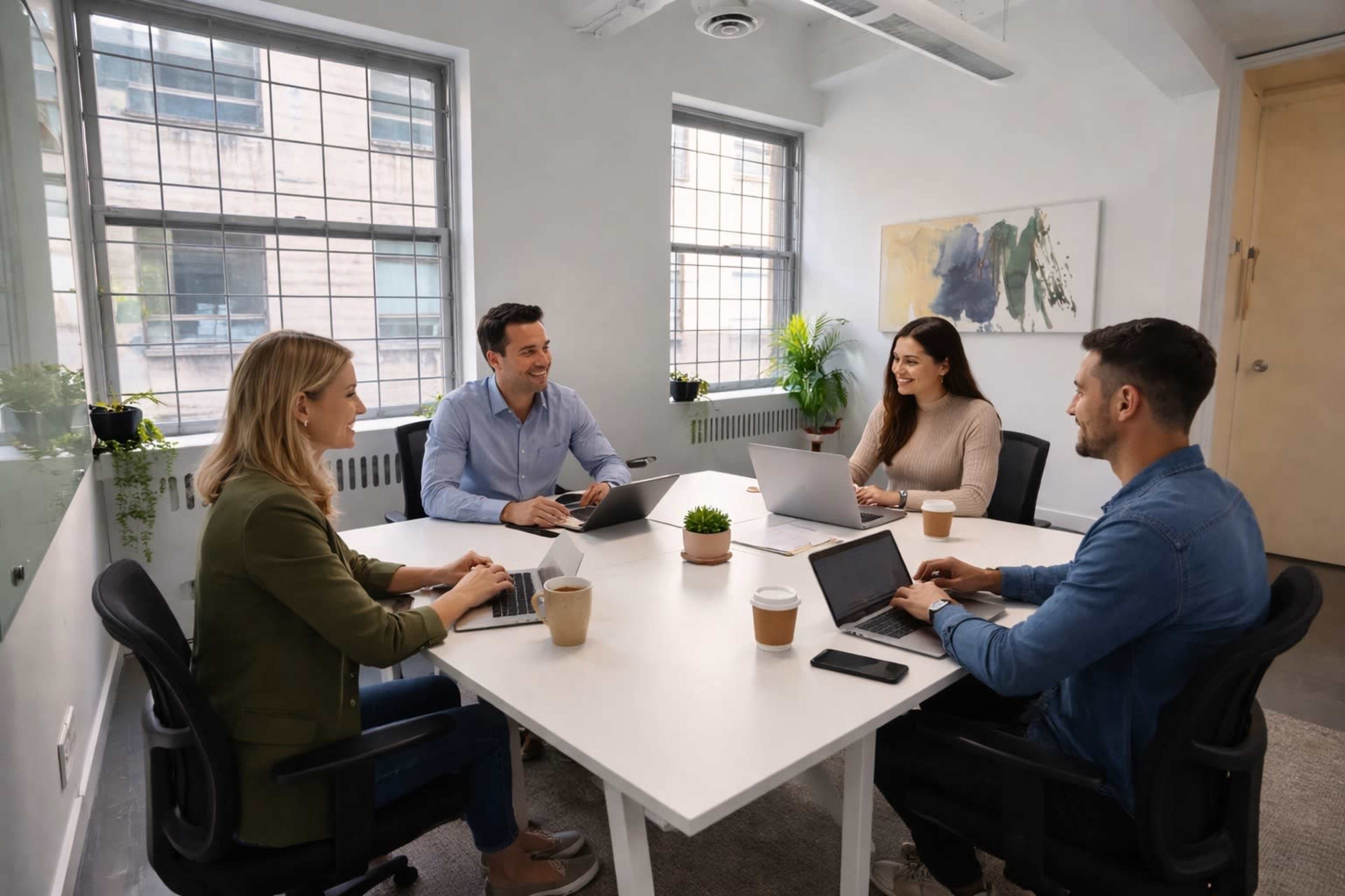 A group of four professionals is seated around a conference table in a well-lit meeting room, working on laptops and engaging in discussion.